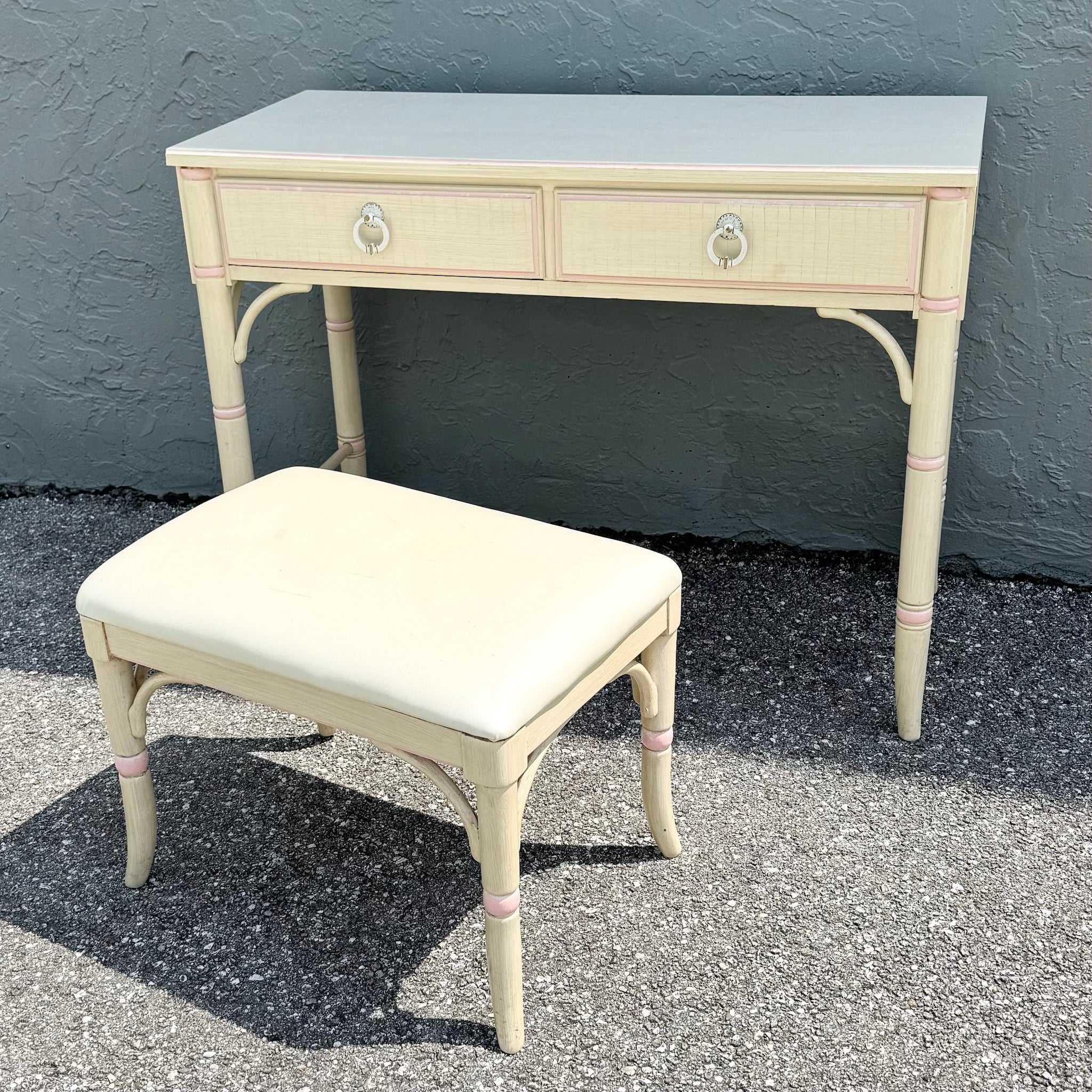 Vintage Coastal Pink and Cream Faux Bamboo Writing Desk With Low Stool by Thomasville Dolphin & Flamingo