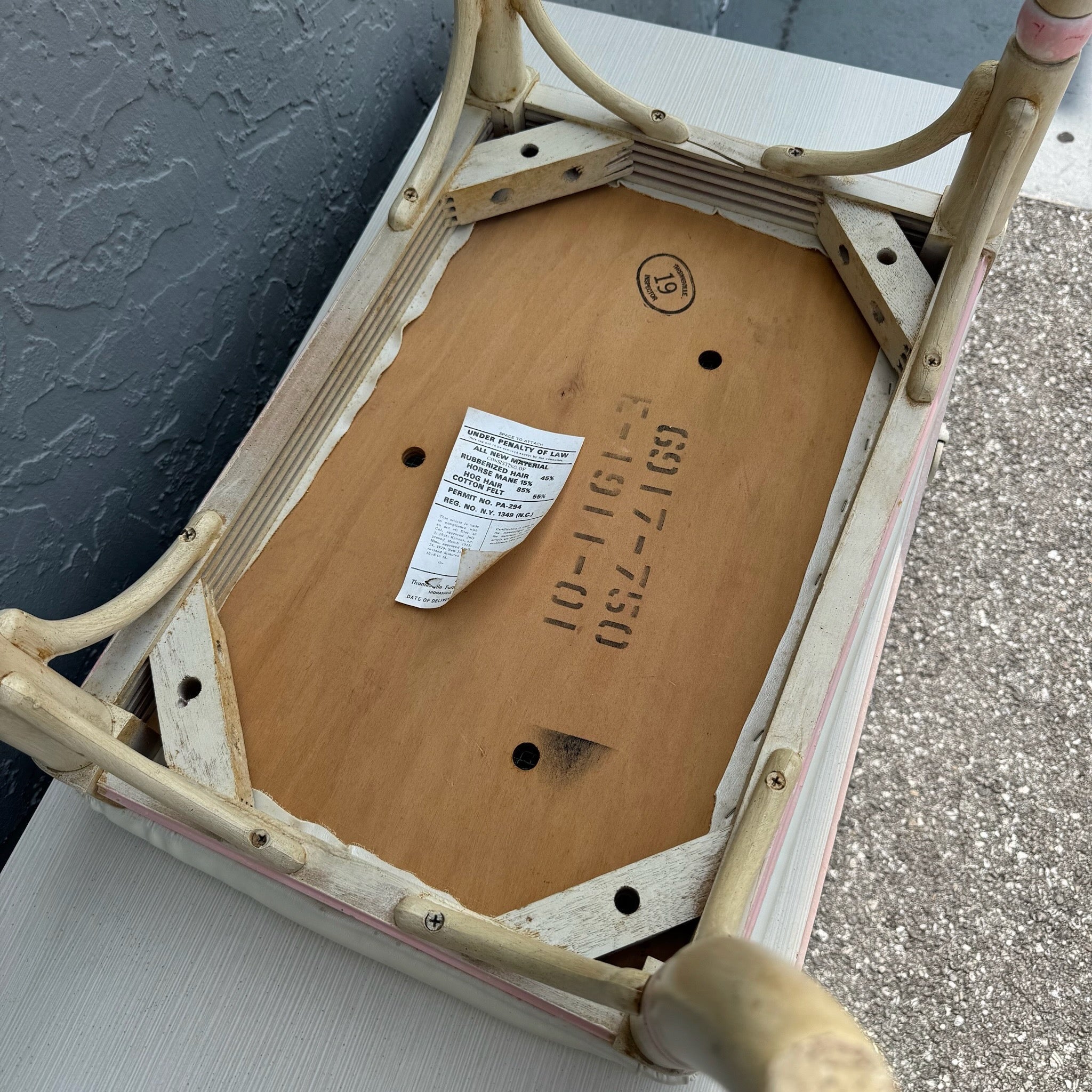 Vintage Coastal Pink and Cream Faux Bamboo Writing Desk With Low Stool by Thomasville Dolphin & Flamingo