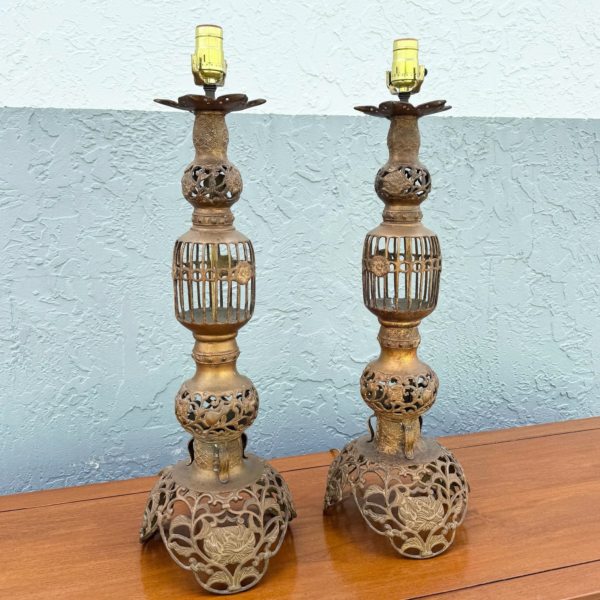 Vintage Chinoiserie Gold Gilt Table Lamps - A Pair Dolphin & Flamingo