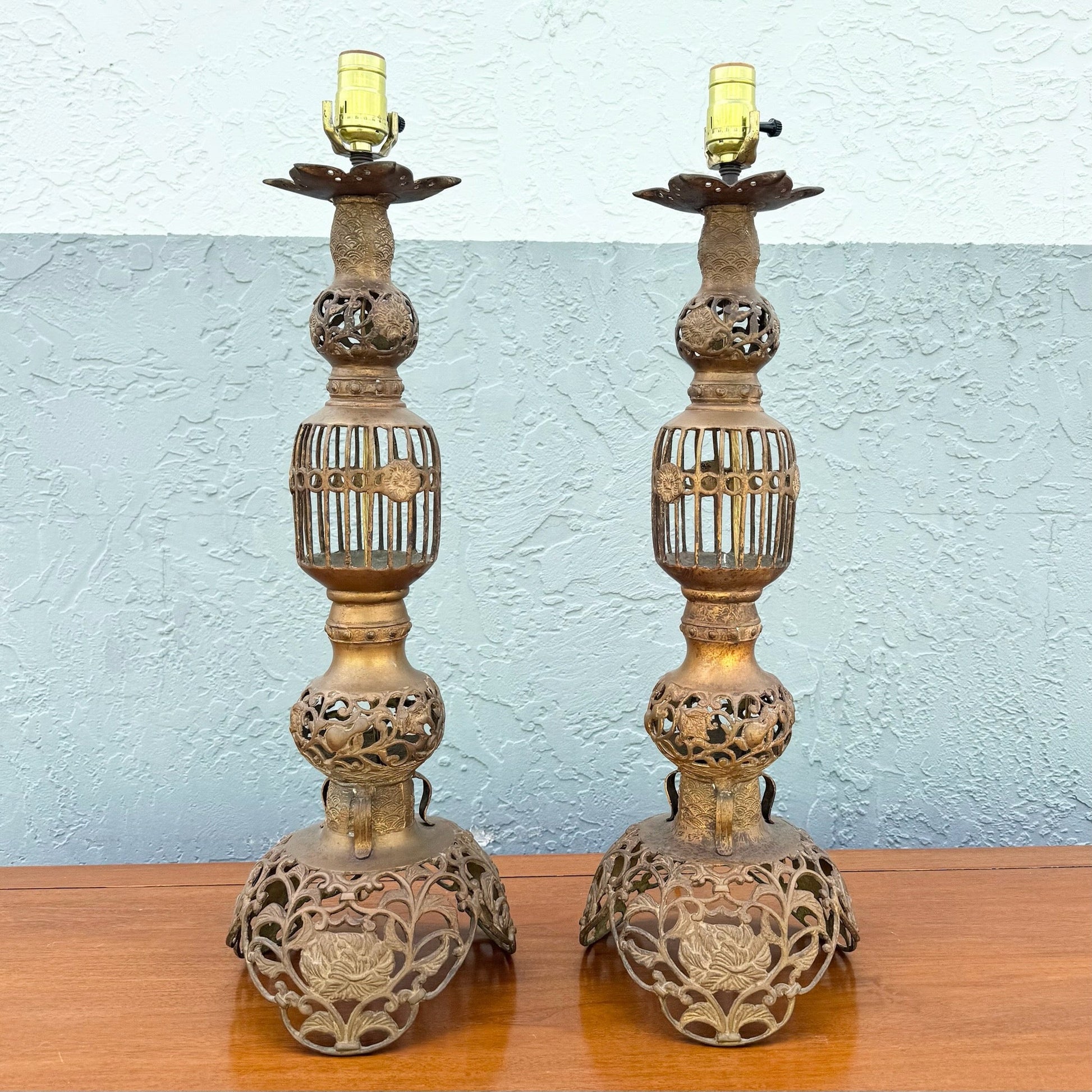 Vintage Chinoiserie Gold Gilt Table Lamps - A Pair Dolphin & Flamingo
