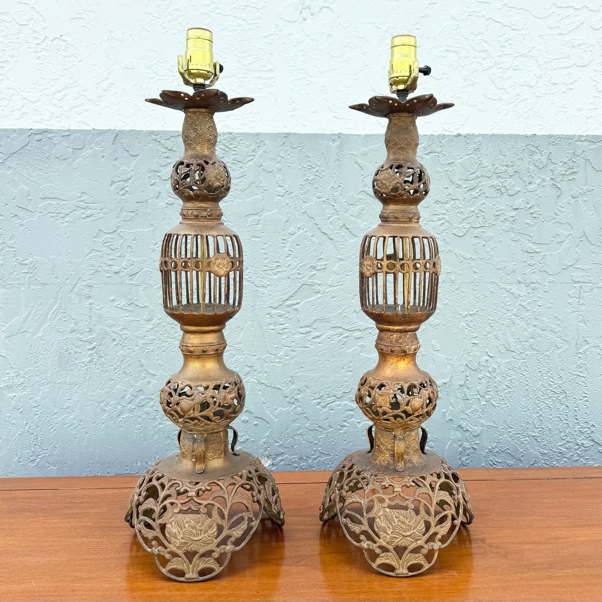 Vintage Chinoiserie Gold Gilt Table Lamps - A Pair Dolphin & Flamingo