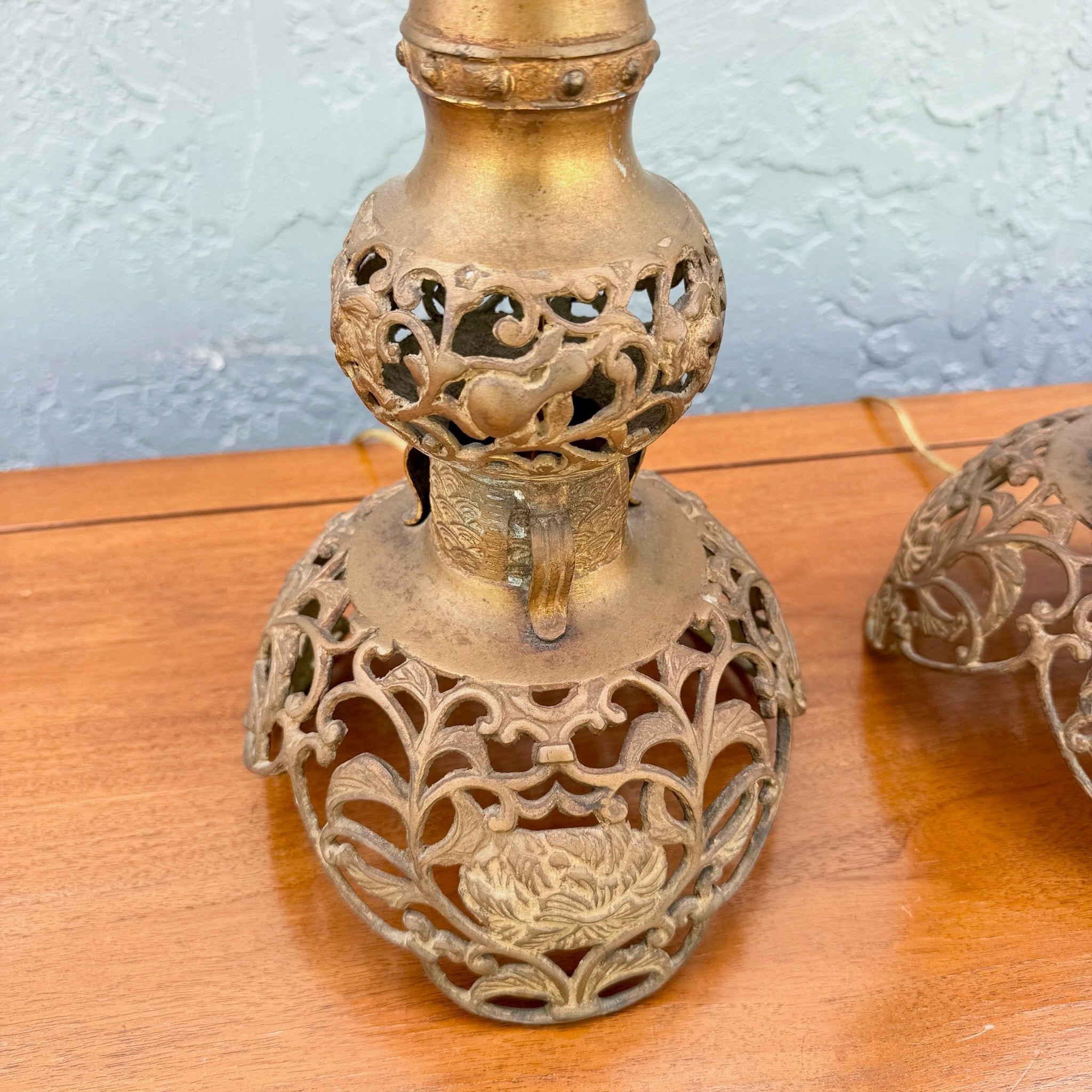 Vintage Chinoiserie Gold Gilt Table Lamps - A Pair Dolphin & Flamingo