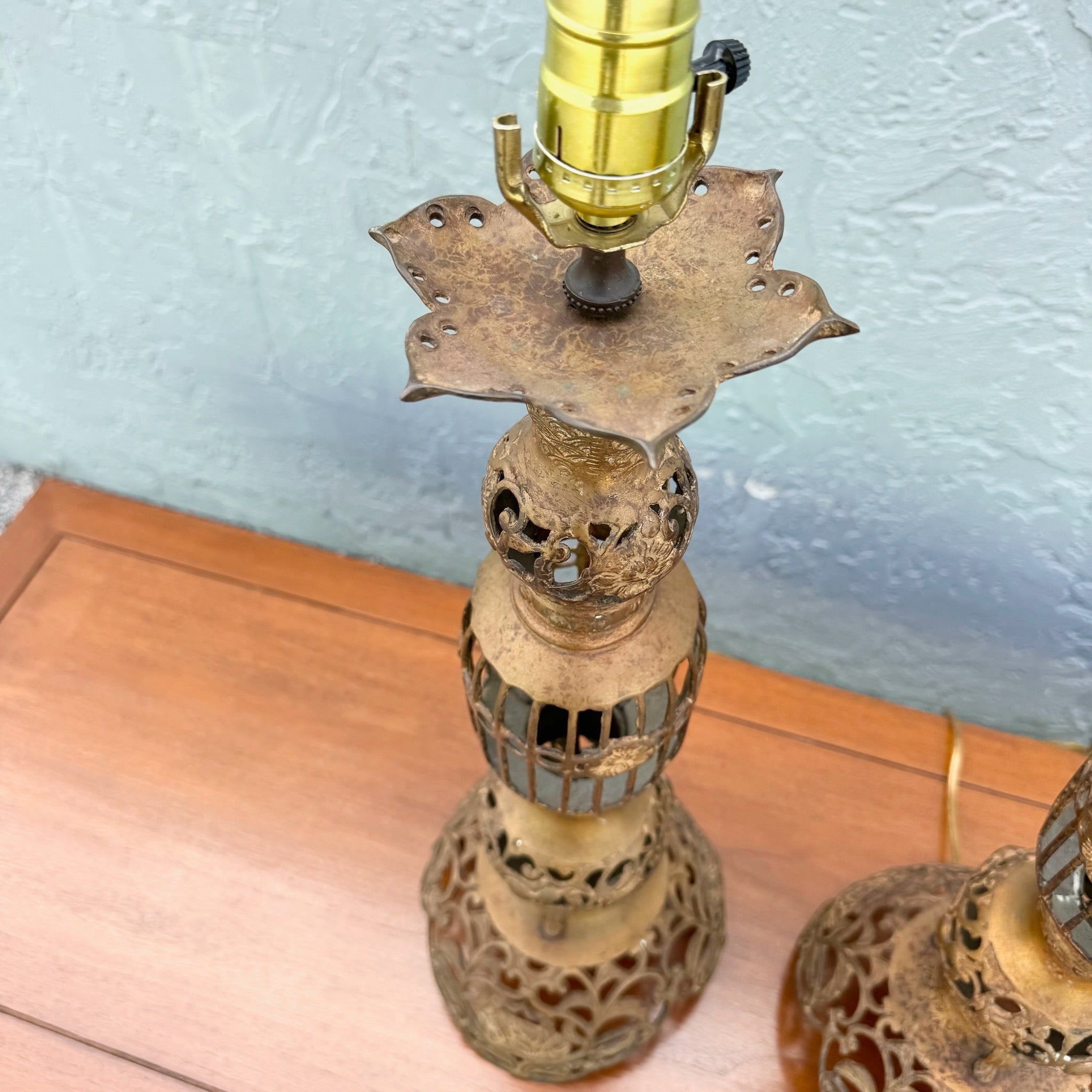 Vintage Chinoiserie Gold Gilt Table Lamps - A Pair Dolphin & Flamingo