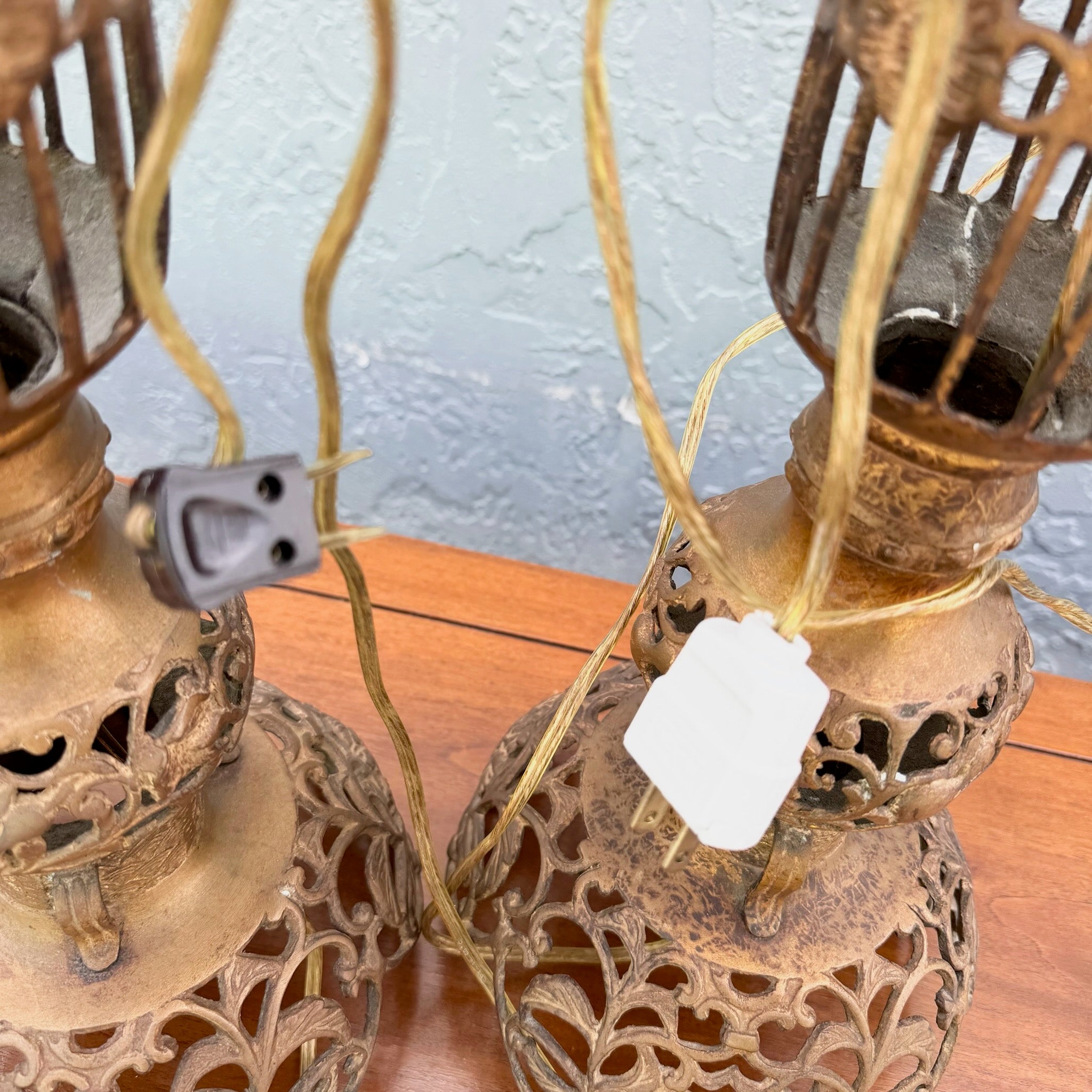 Vintage Chinoiserie Gold Gilt Table Lamps - A Pair Dolphin & Flamingo