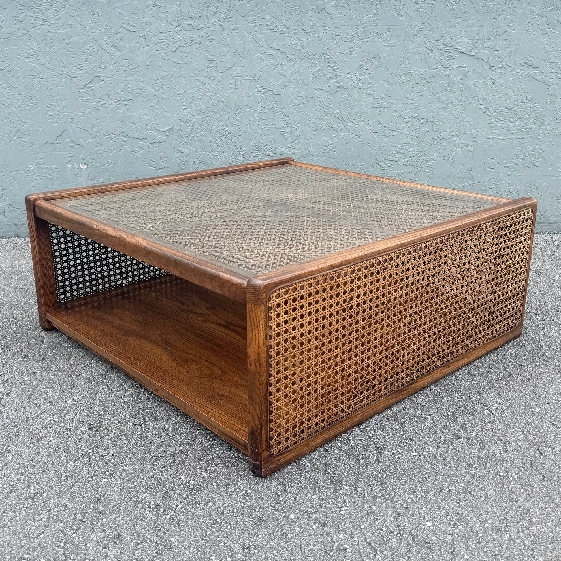 Vintage Boho Chic Cane and Oak Glass Top Coffee Table Dolphin & Flamingo