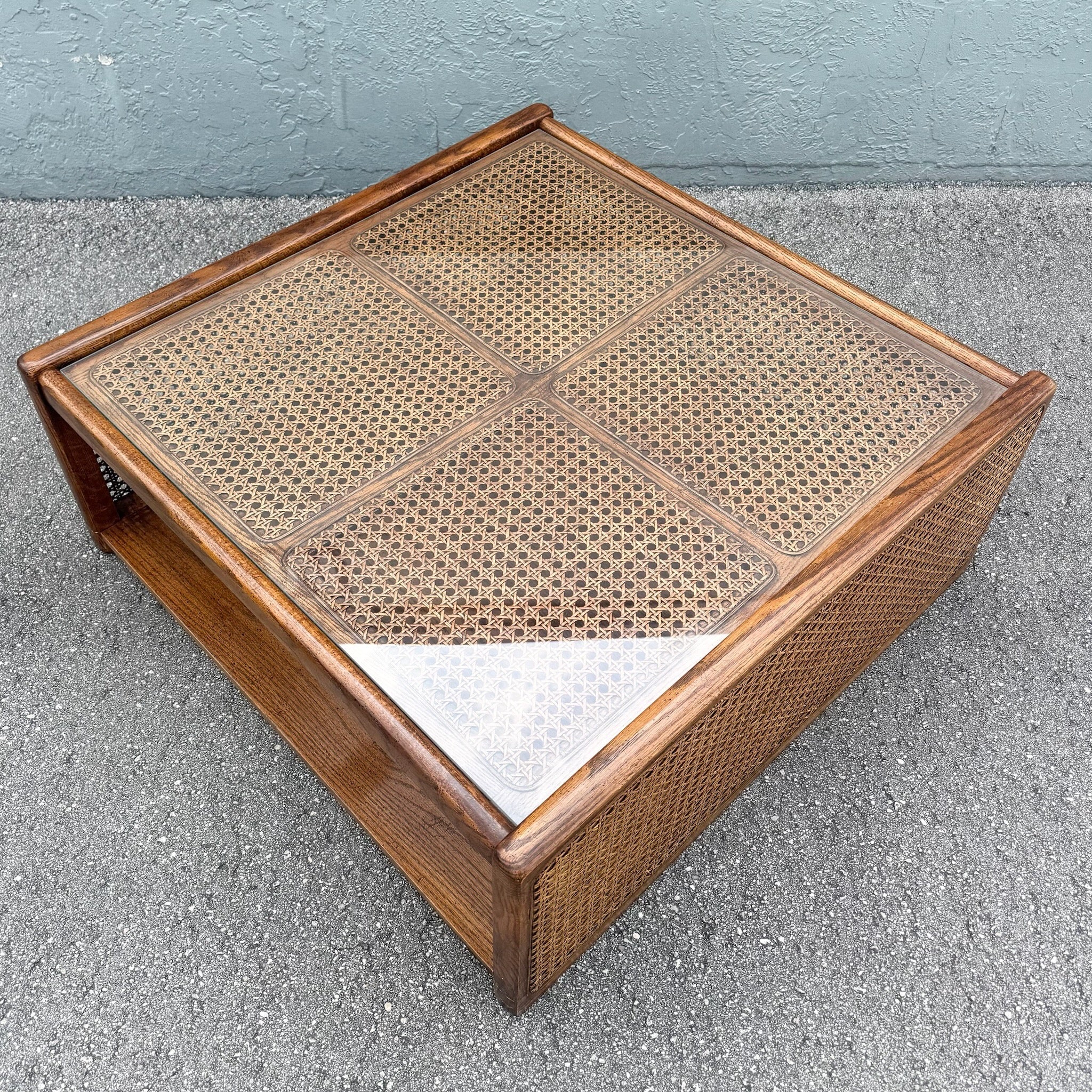 Vintage Boho Chic Cane and Oak Glass Top Coffee Table Dolphin & Flamingo
