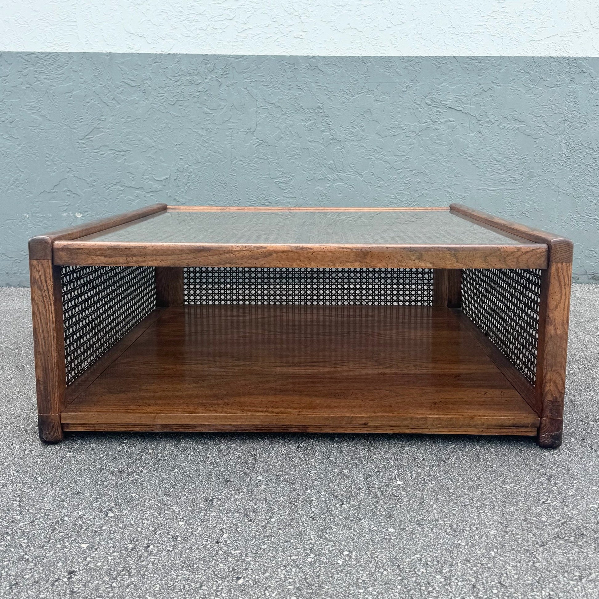 Vintage Boho Chic Cane and Oak Glass Top Coffee Table Dolphin & Flamingo