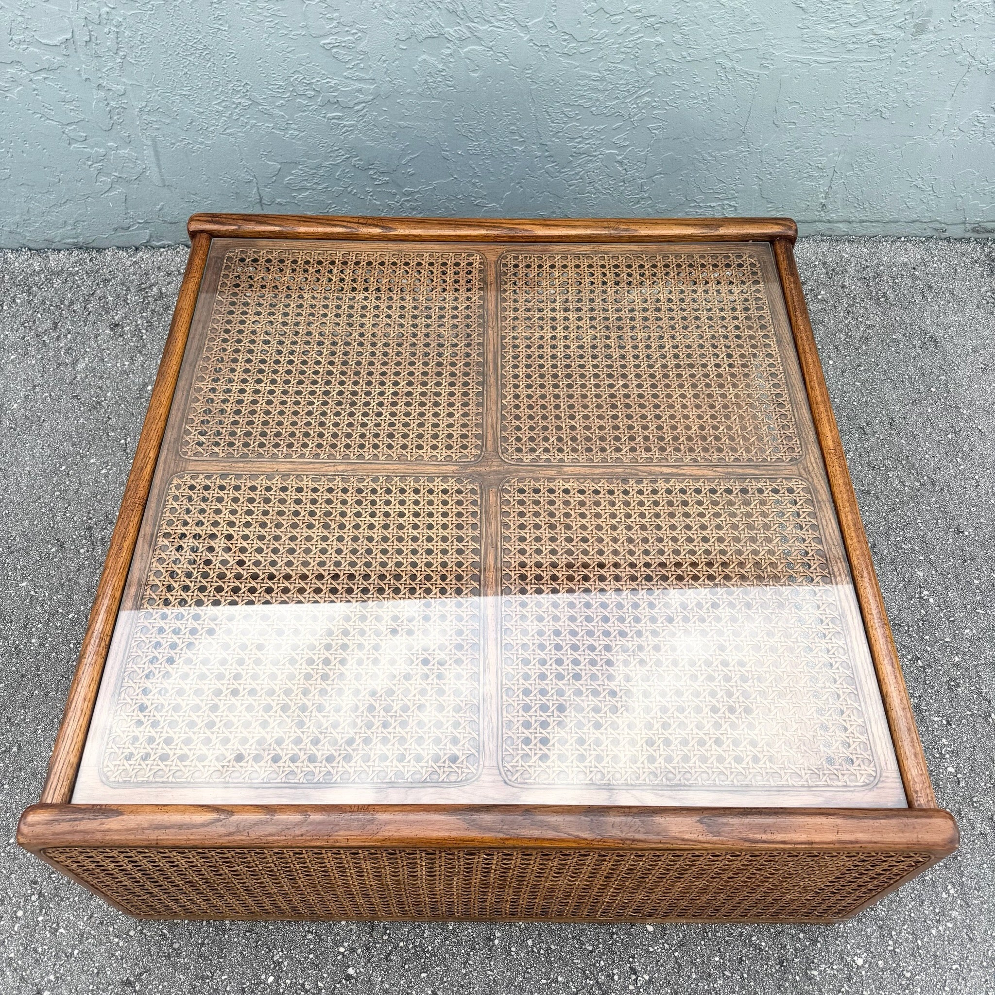 Vintage Boho Chic Cane and Oak Glass Top Coffee Table Dolphin & Flamingo