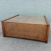 Vintage Boho Chic Cane and Oak Glass Top Coffee Table Dolphin & Flamingo