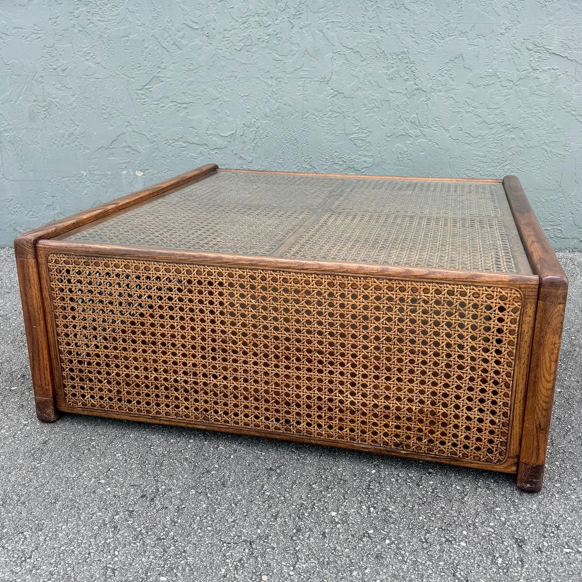 Vintage Boho Chic Cane and Oak Glass Top Coffee Table Dolphin & Flamingo