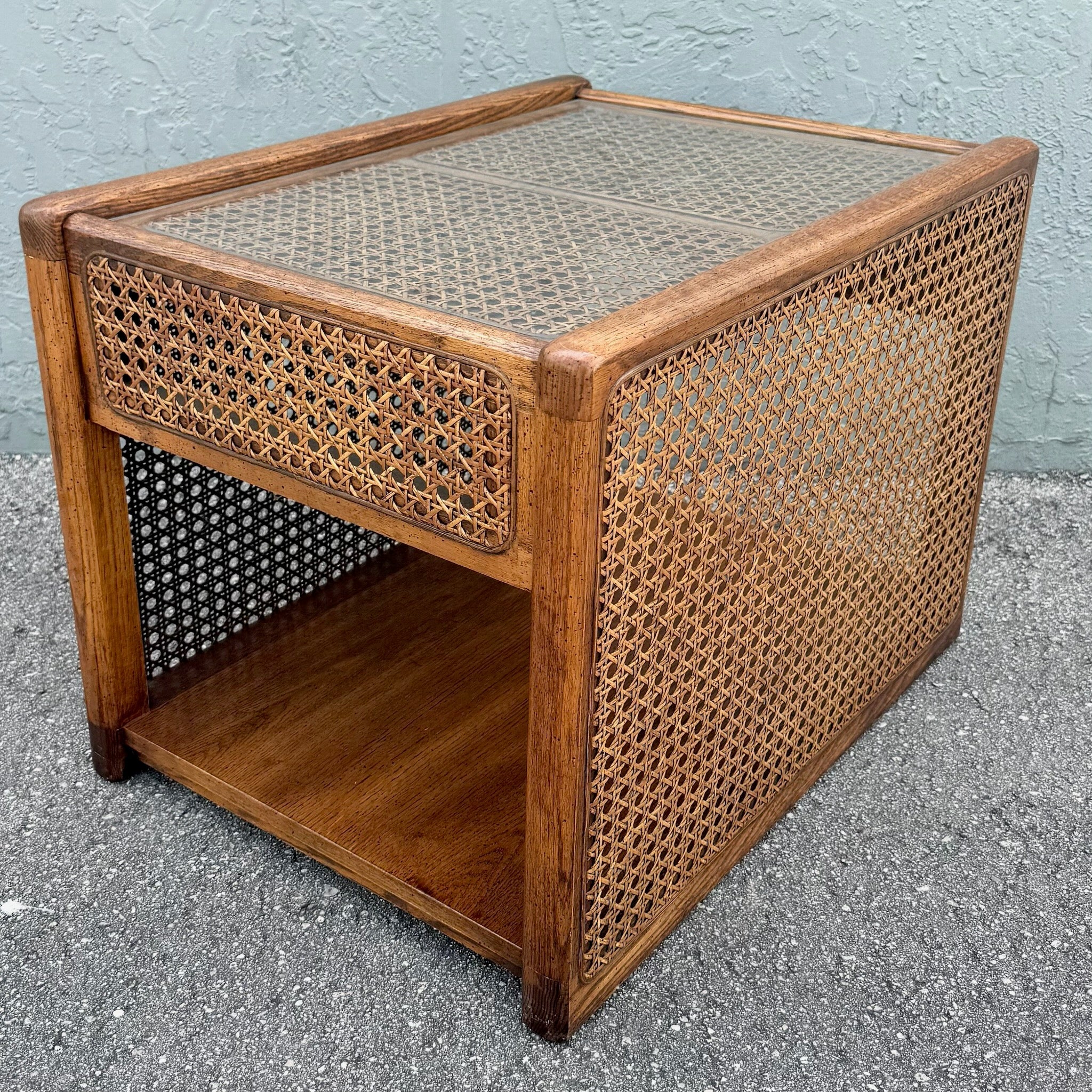 Vintage Boho Chic Cane and Oak Glass Top Side Table Dolphin & Flamingo