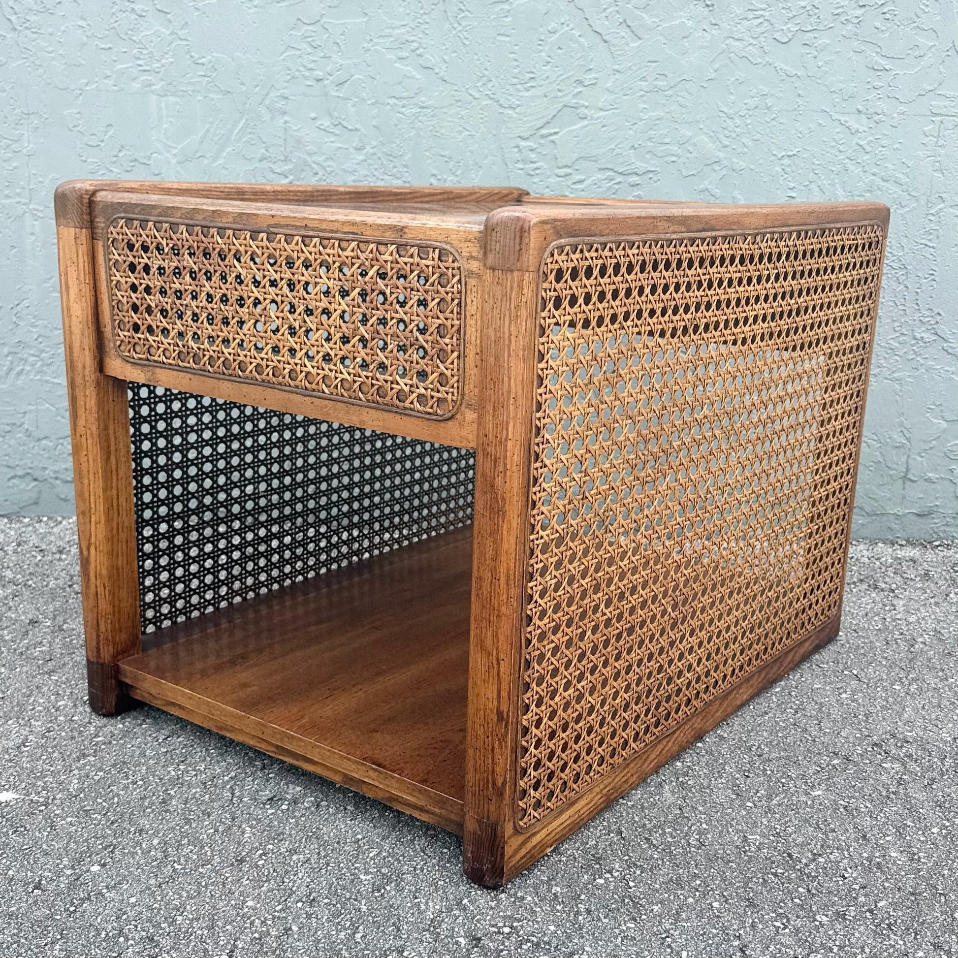 Vintage Boho Chic Cane and Oak Glass Top Side Table Dolphin & Flamingo