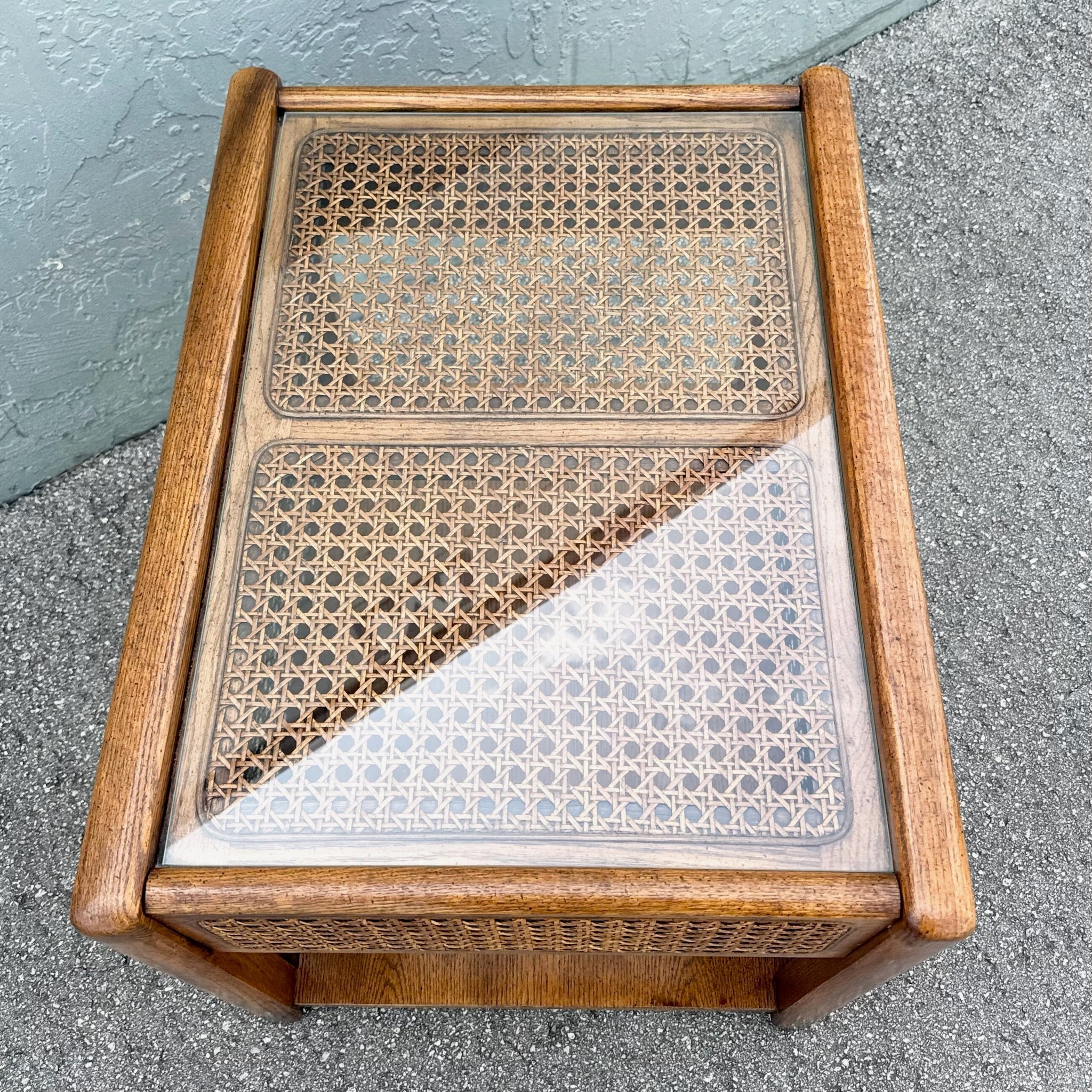 Vintage Boho Chic Cane and Oak Glass Top Side Table Dolphin & Flamingo