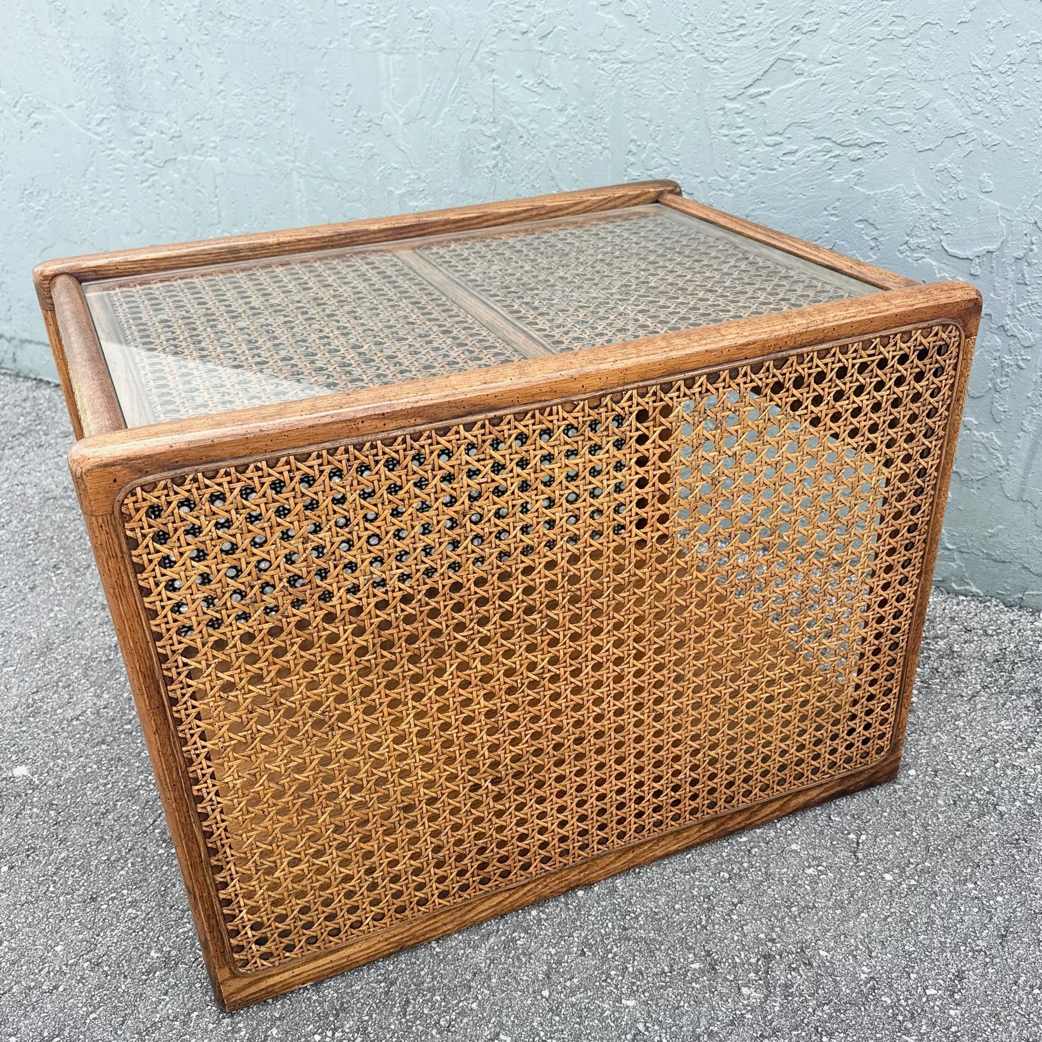 Vintage Boho Chic Cane and Oak Glass Top Side Table Dolphin & Flamingo