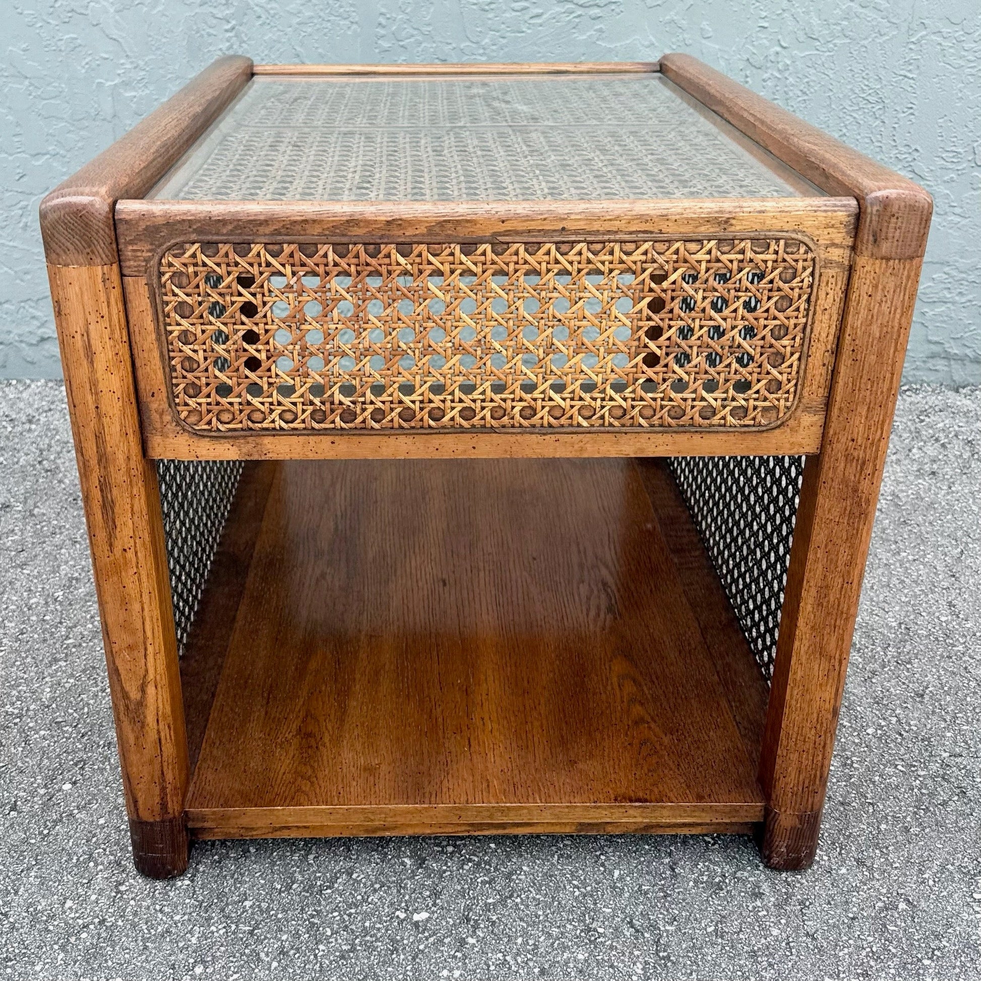 Vintage Boho Chic Cane and Oak Glass Top Side Table Dolphin & Flamingo