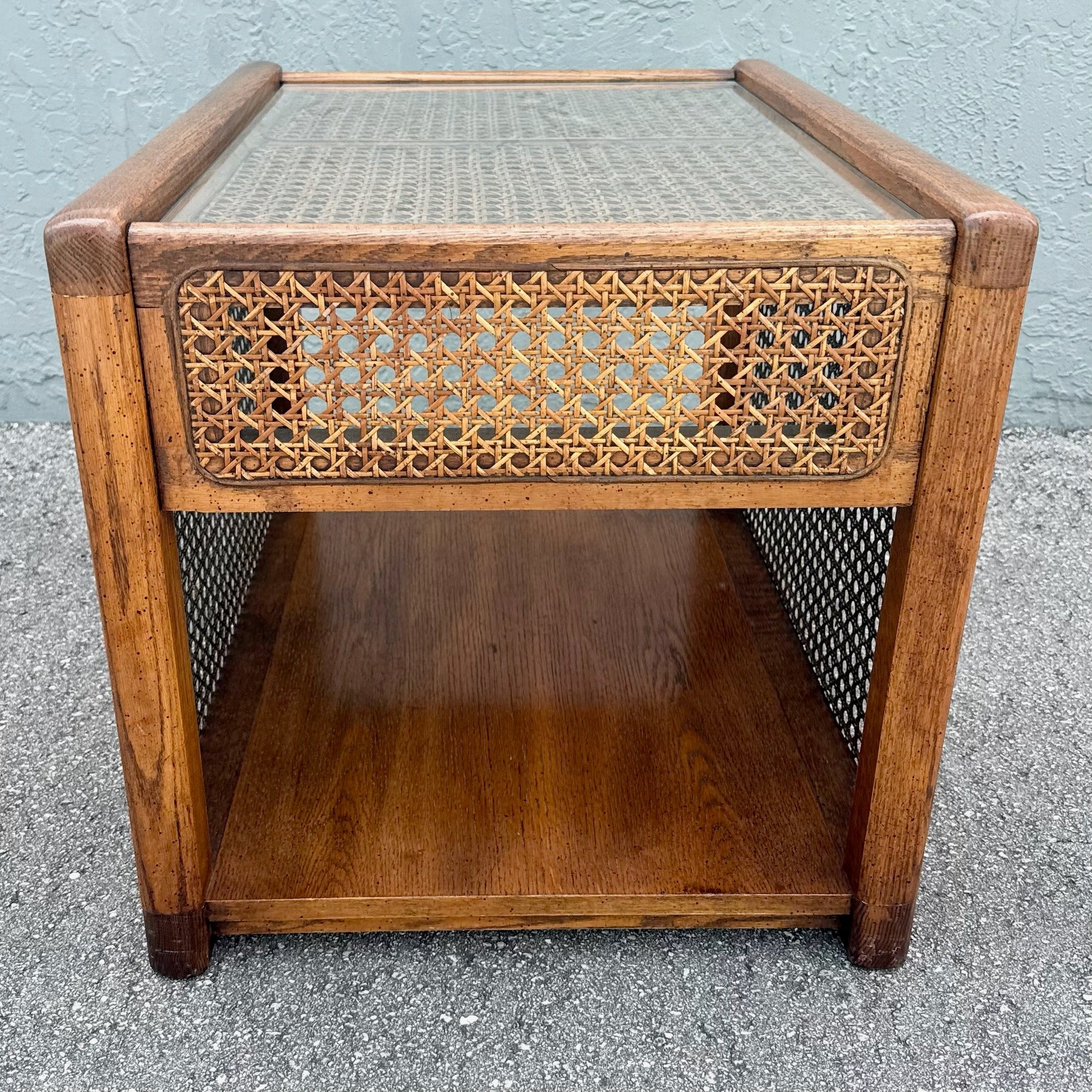 Vintage Boho Chic Cane and Oak Glass Top Side Table Dolphin & Flamingo