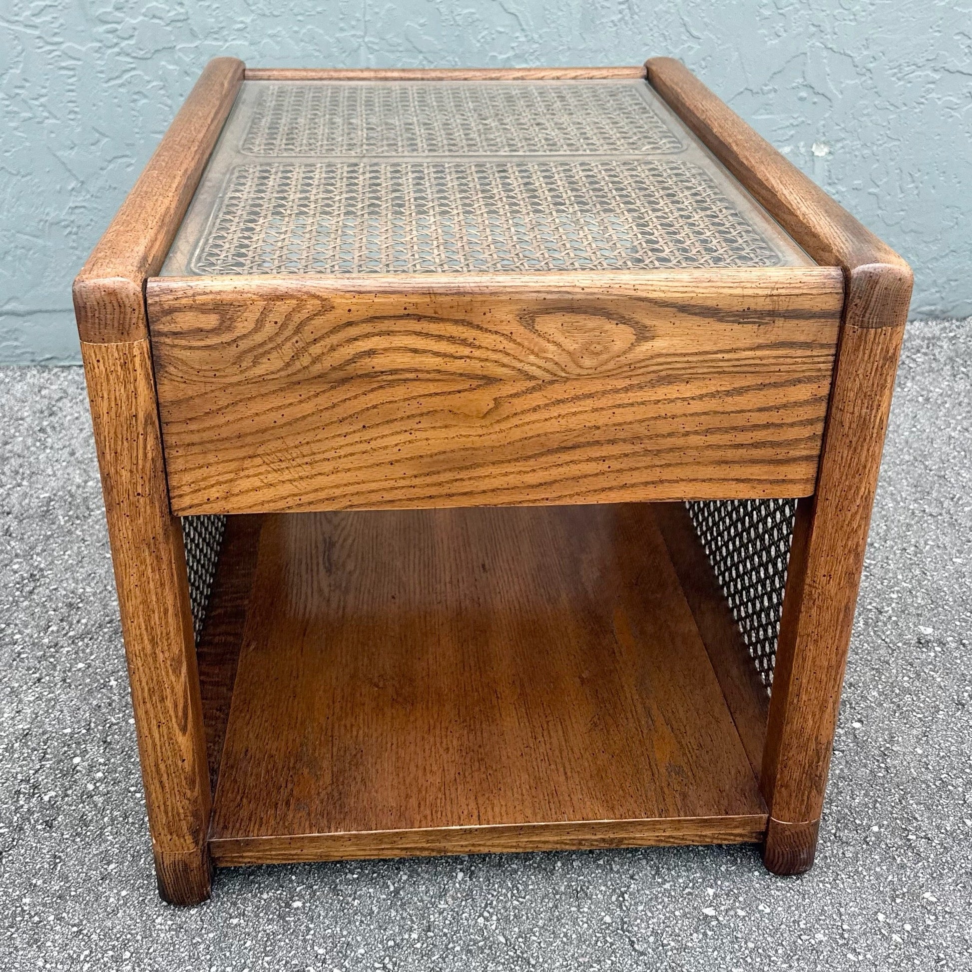 Vintage Boho Chic Cane and Oak Glass Top Side Table Dolphin & Flamingo