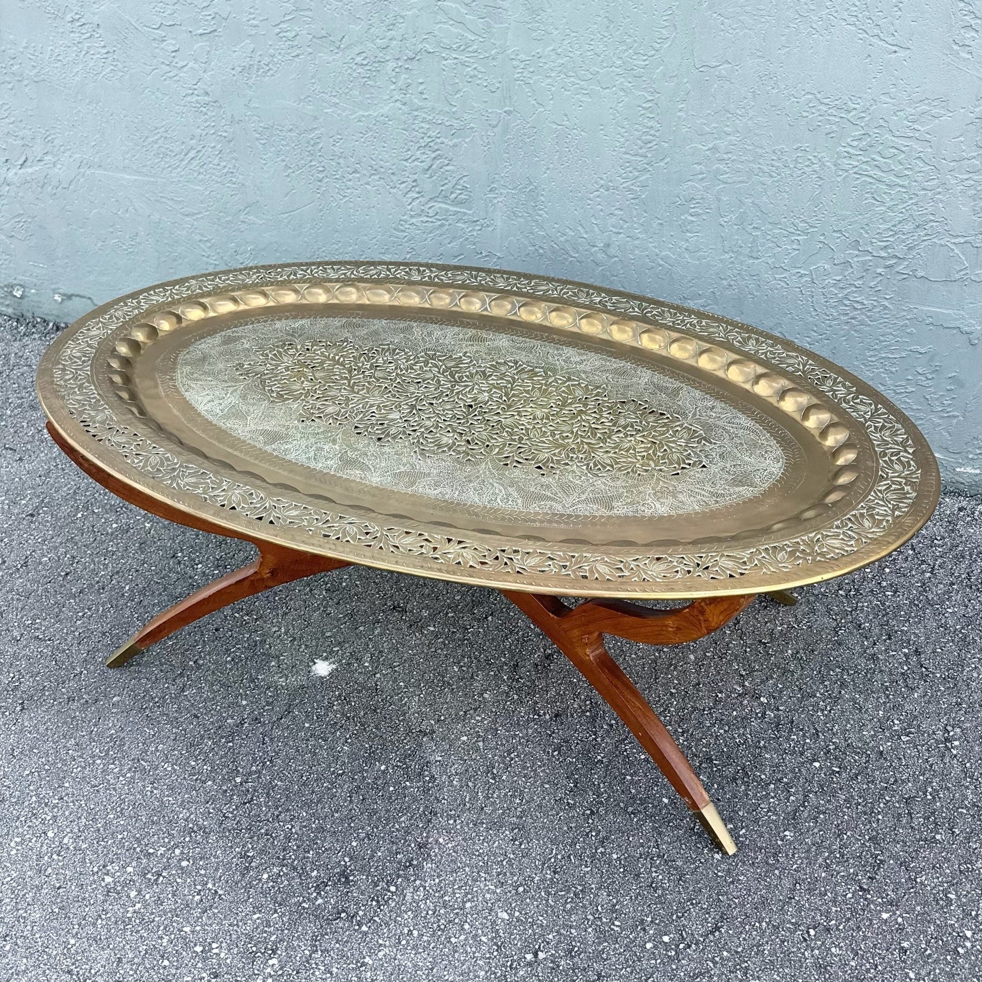 Mid Century Modern Wood and Brass Tray Collapsable Table Dolphin & Flamingo