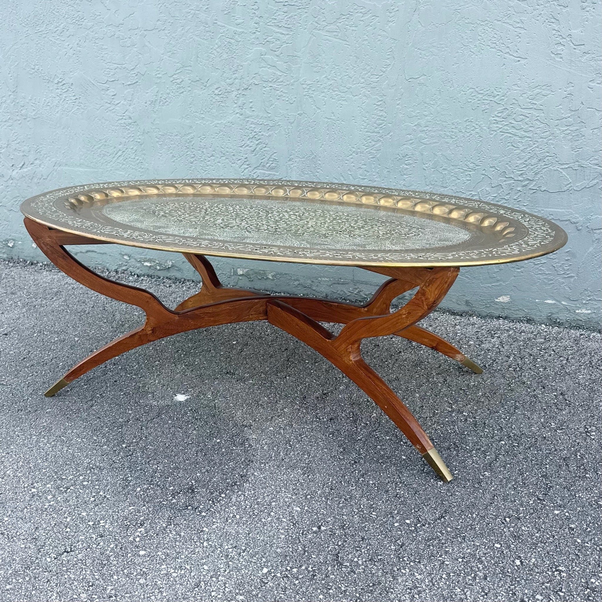 Mid Century Modern Wood and Brass Tray Collapsable Table Dolphin & Flamingo