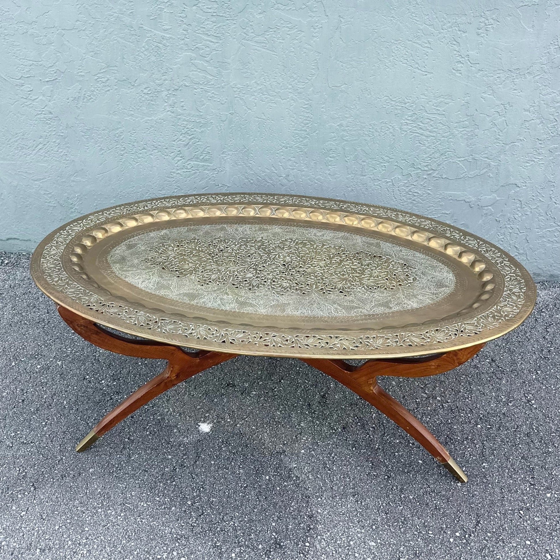 Mid Century Modern Wood and Brass Tray Collapsable Table Dolphin & Flamingo