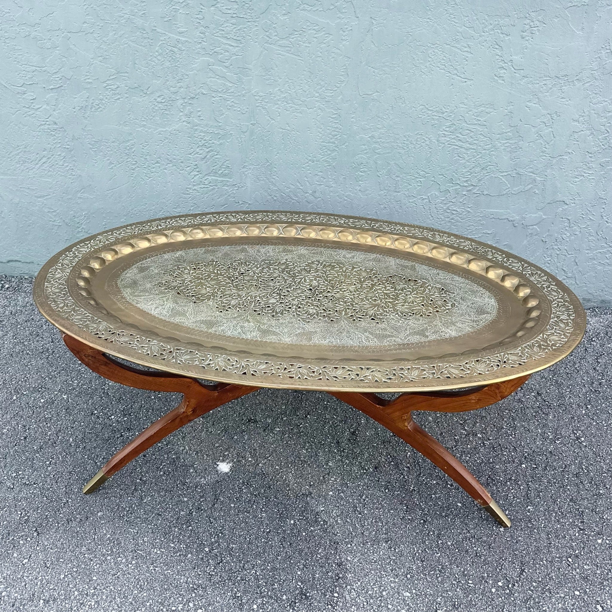 Mid Century Modern Wood and Brass Tray Collapsable Table Dolphin & Flamingo