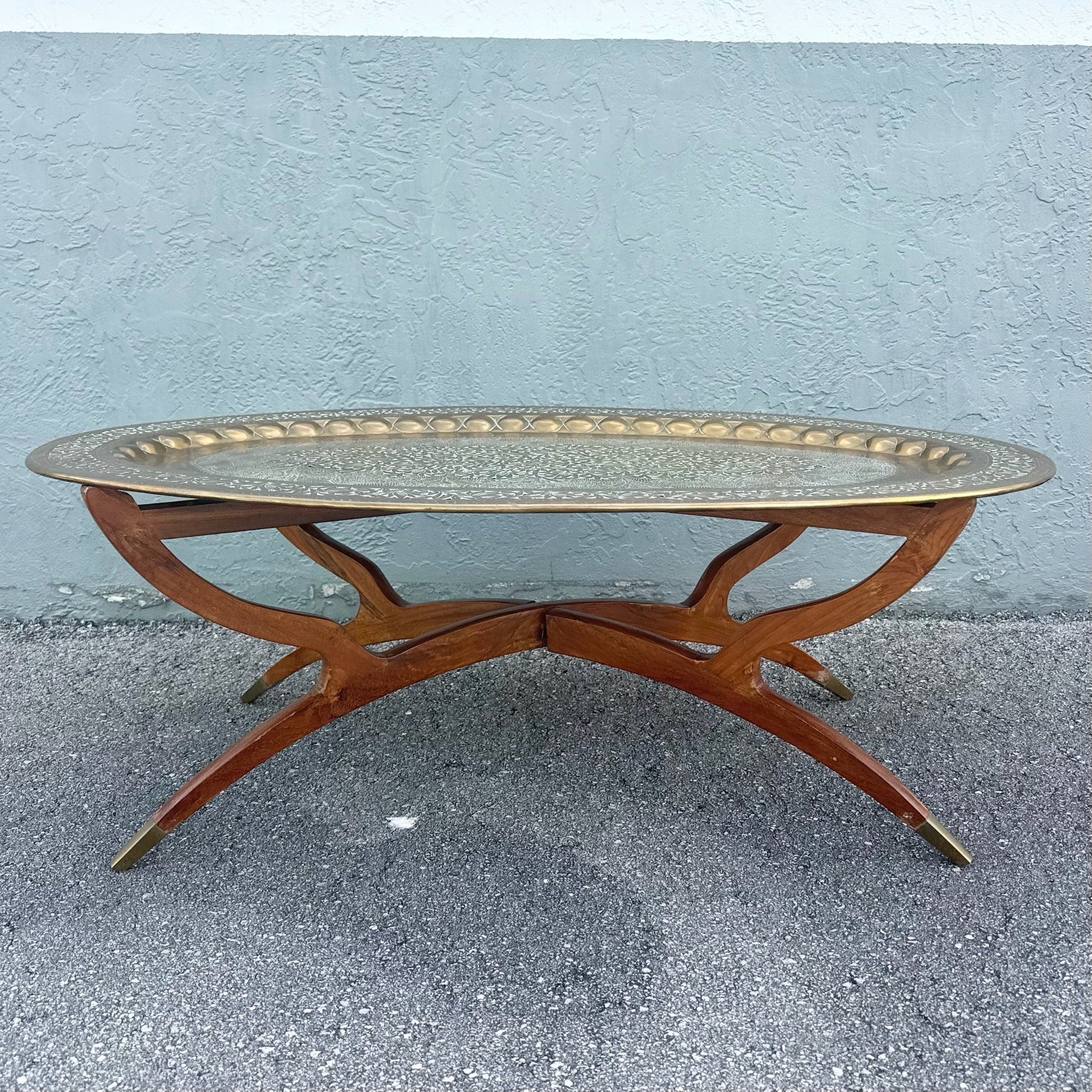 Mid Century Modern Wood and Brass Tray Collapsable Table Dolphin & Flamingo