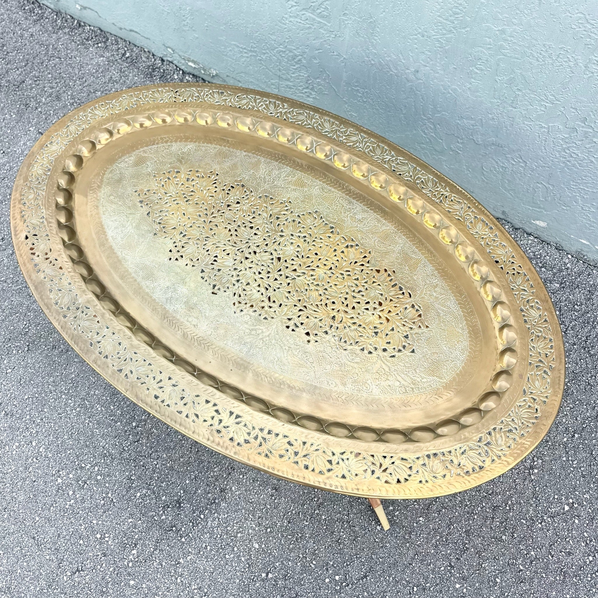 Mid Century Modern Wood and Brass Tray Collapsable Table Dolphin & Flamingo