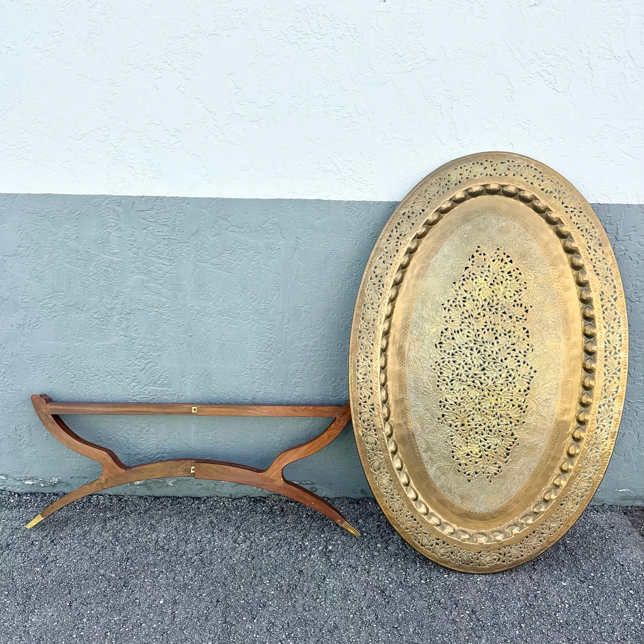 Mid Century Modern Wood and Brass Tray Collapsable Table Dolphin & Flamingo