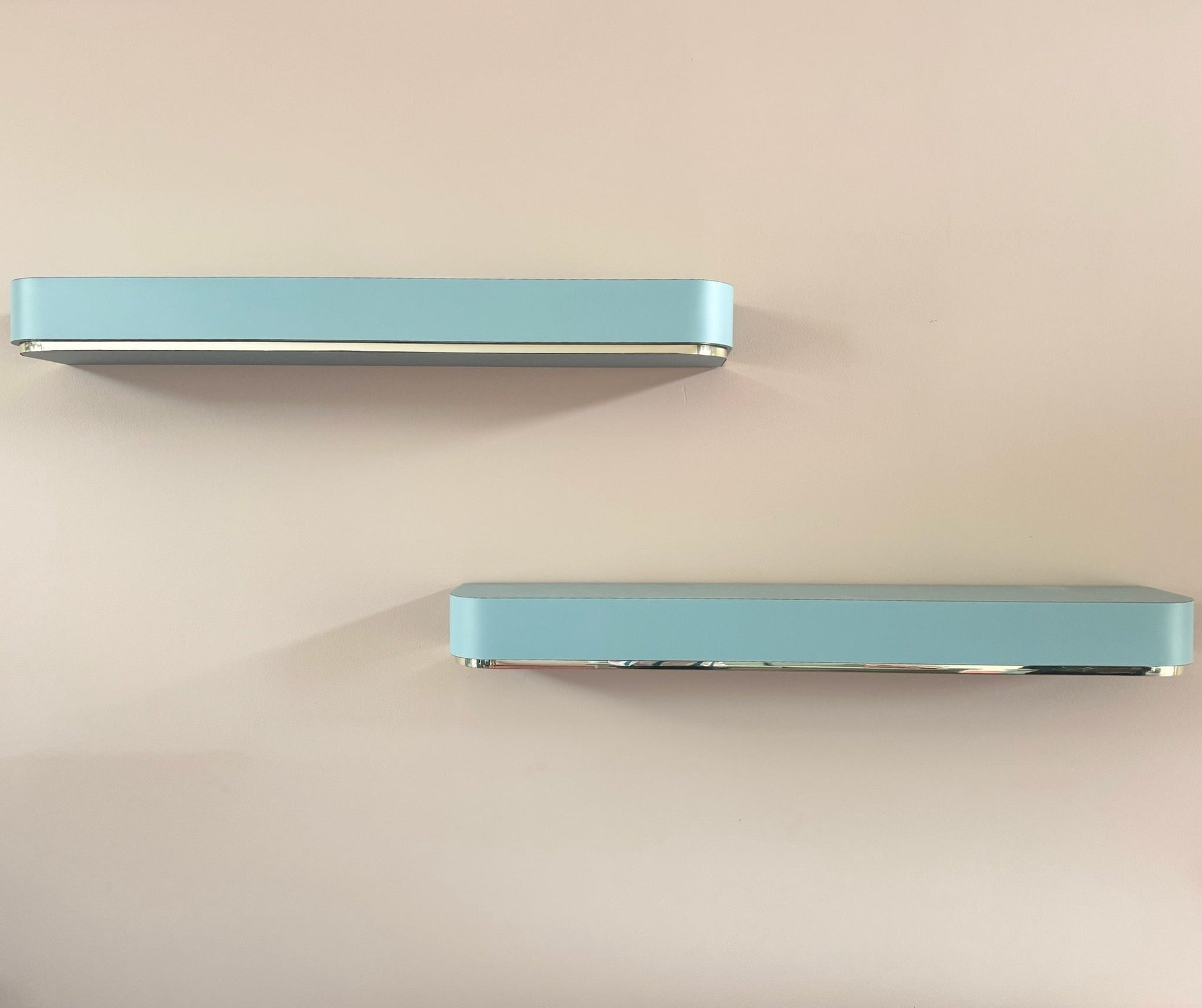 Postmodern Baby Blue Laminate Floating Sconce Shelves With Gold Accents - A Pair Dolphin & Flamingo