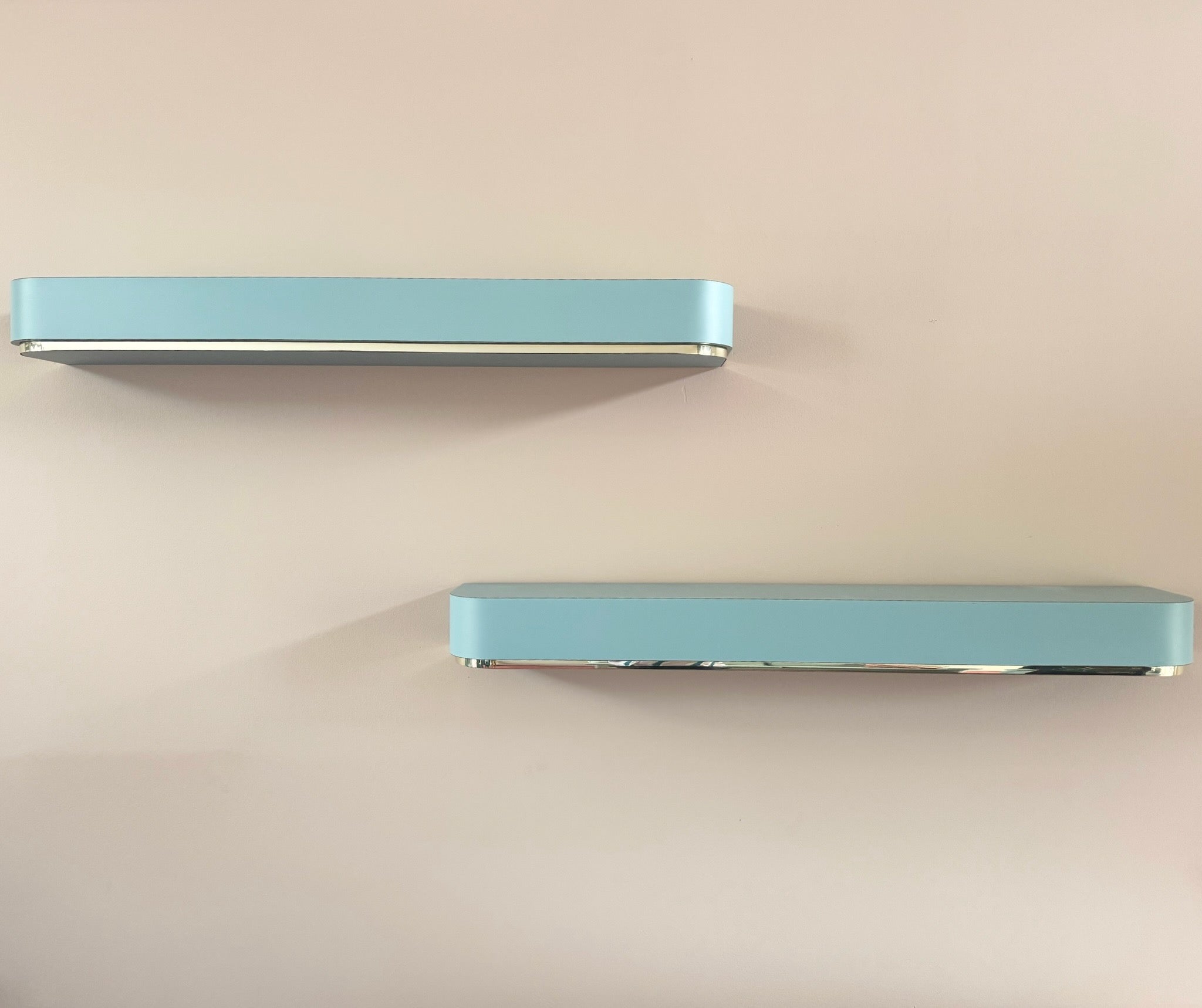 Postmodern Baby Blue Laminate Floating Sconce Shelves With Gold Accents - A Pair Dolphin & Flamingo