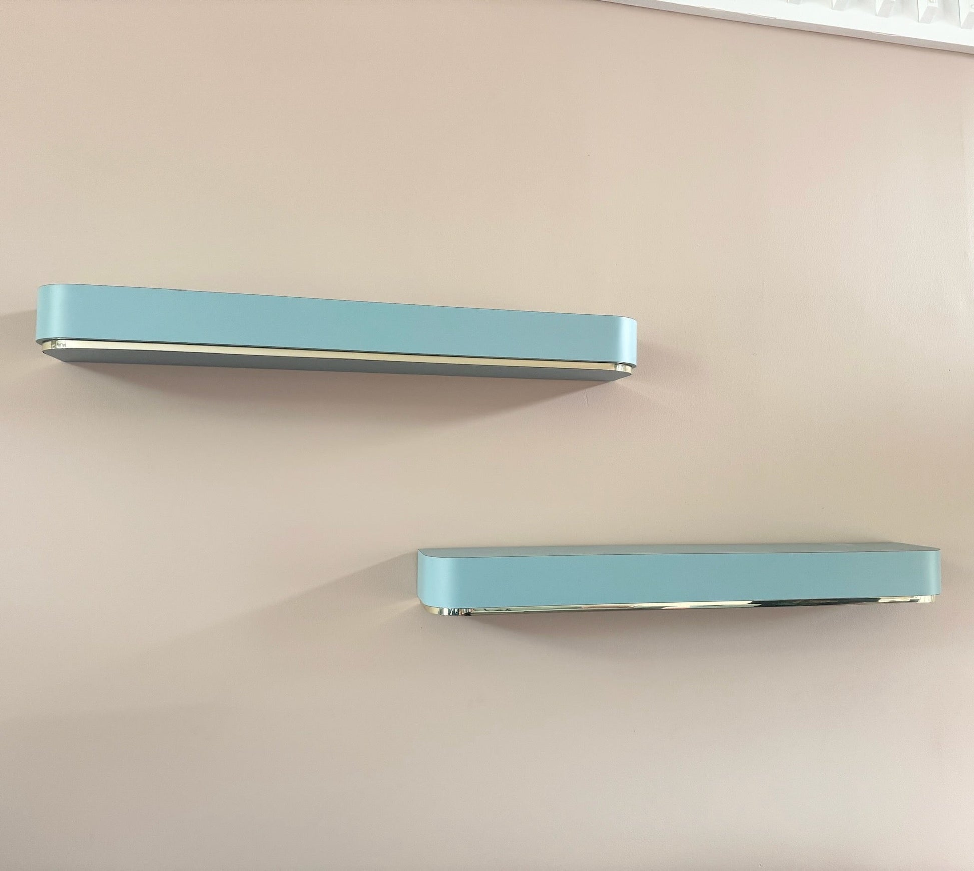 Postmodern Baby Blue Laminate Floating Sconce Shelves With Gold Accents - A Pair Dolphin & Flamingo