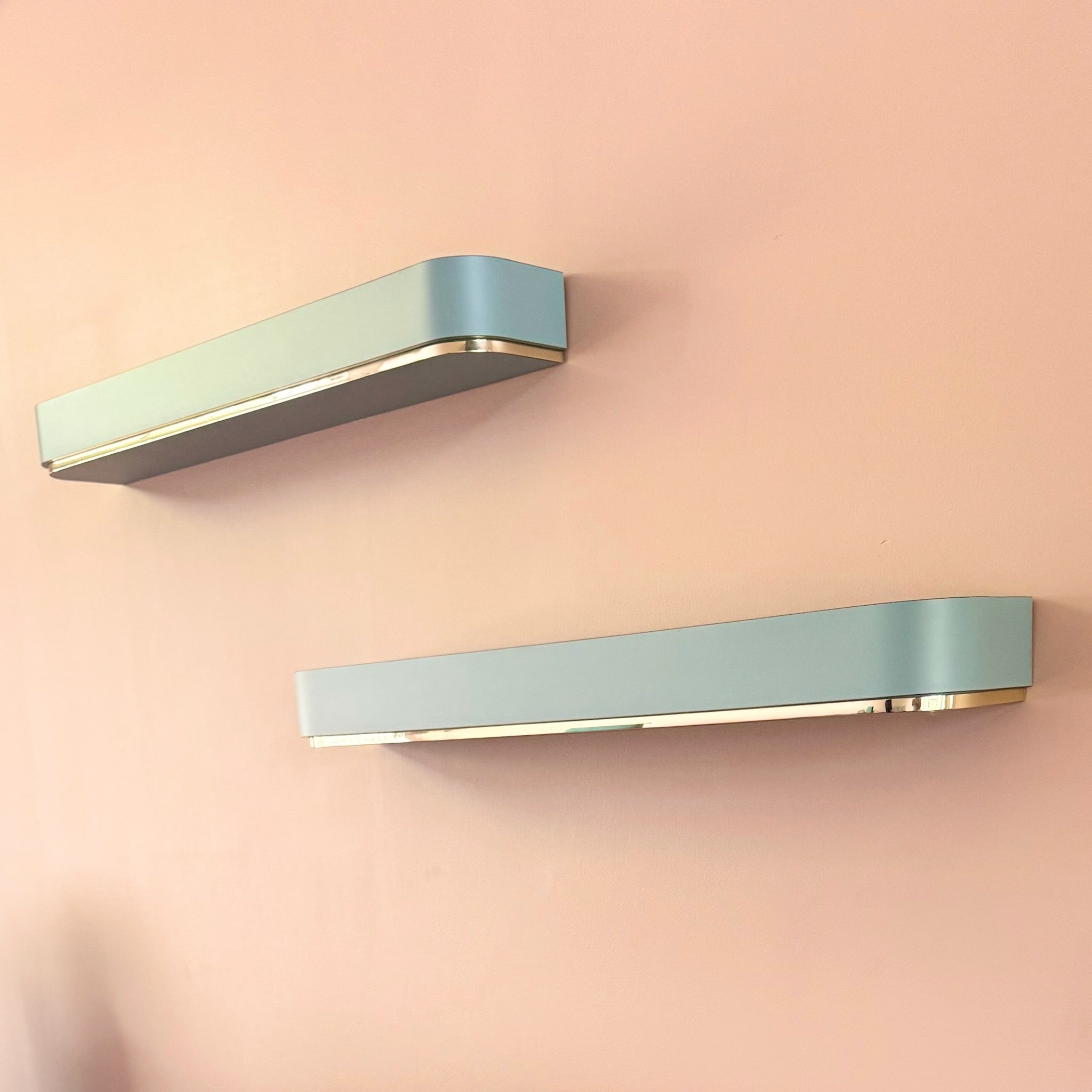 Postmodern Baby Blue Laminate Floating Sconce Shelves With Gold Accents - A Pair Dolphin & Flamingo