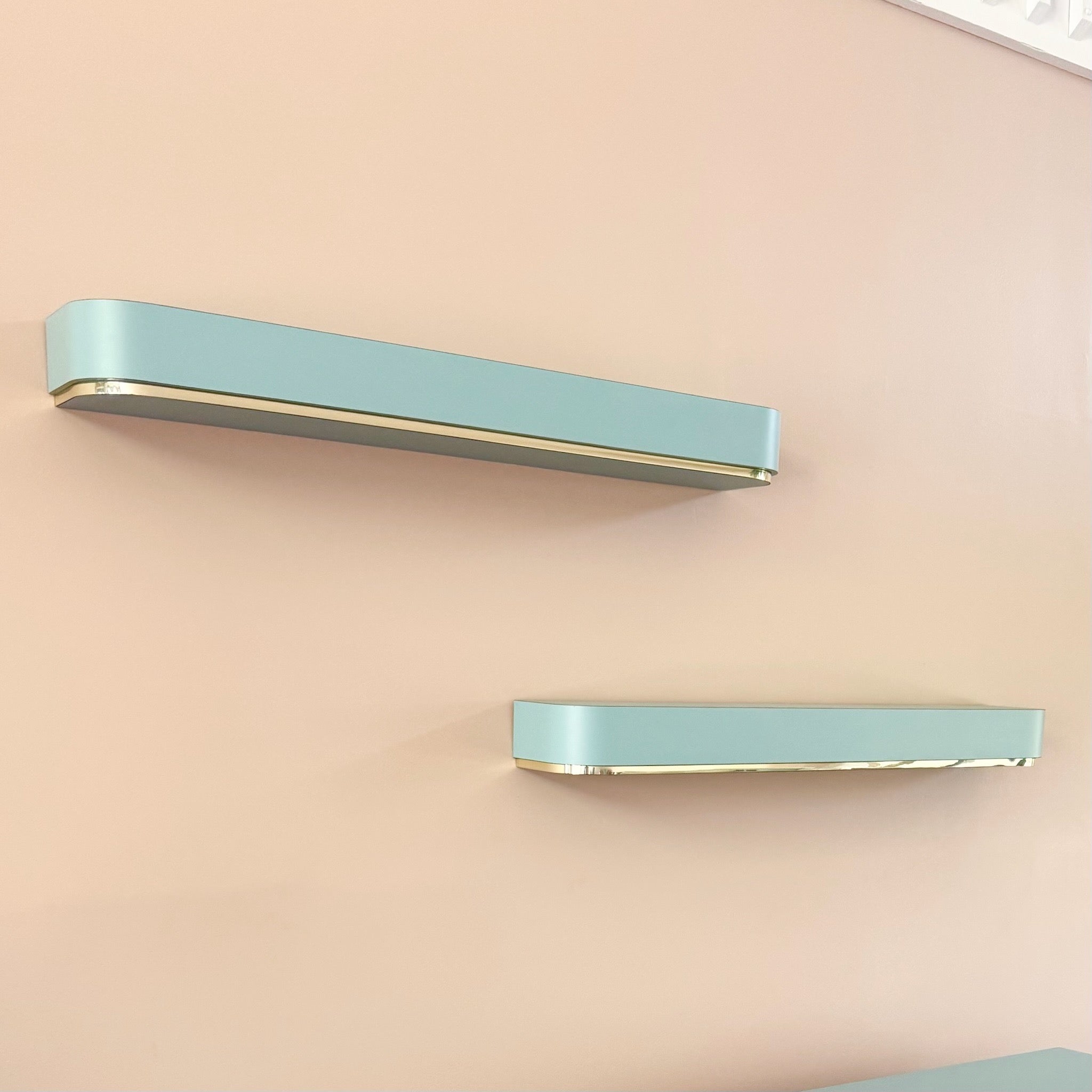 Postmodern Baby Blue Laminate Floating Sconce Shelves With Gold Accents - A Pair Dolphin & Flamingo