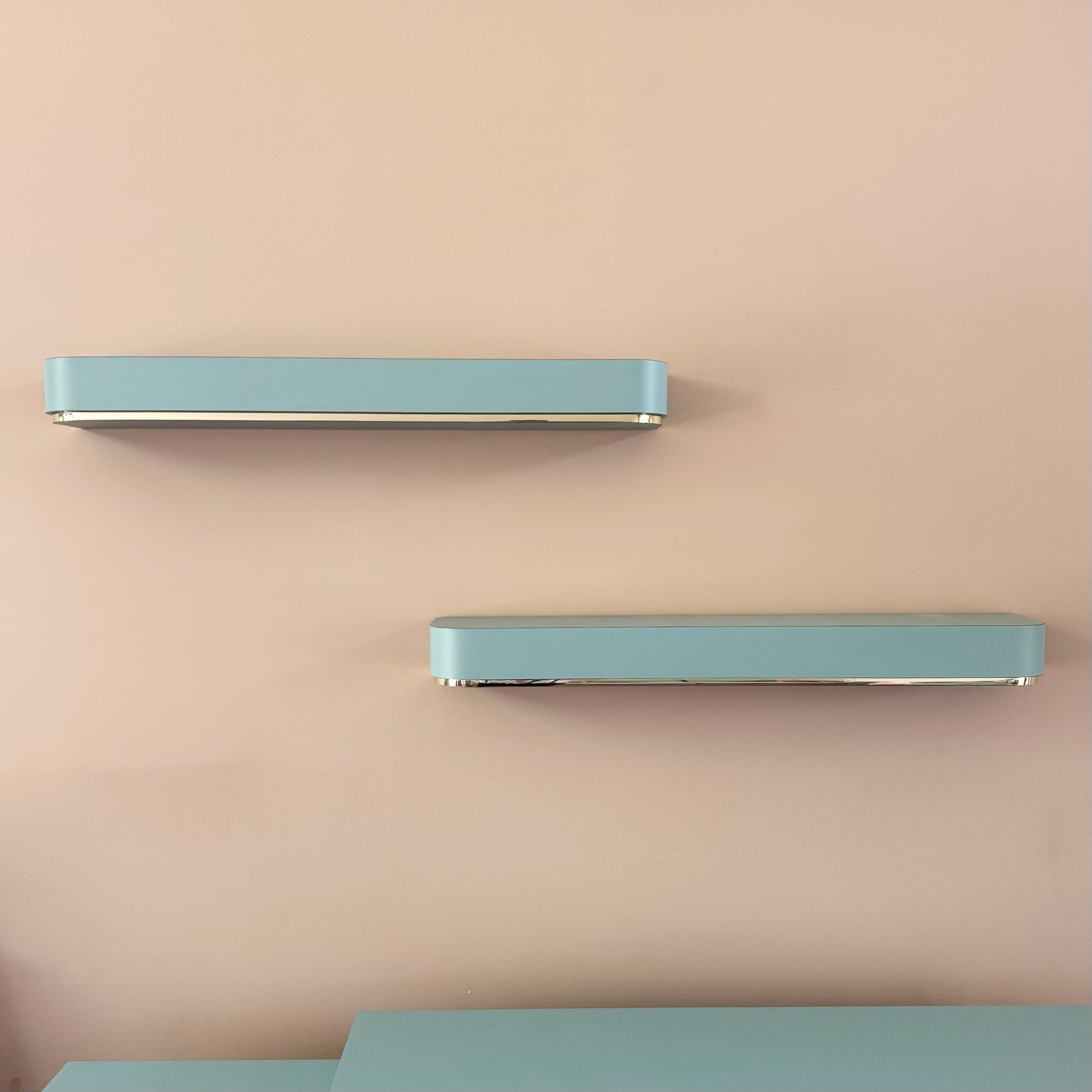 Postmodern Baby Blue Laminate Floating Sconce Shelves With Gold Accents - A Pair Dolphin & Flamingo