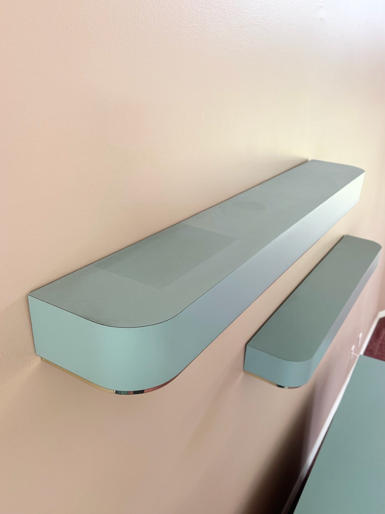Postmodern Baby Blue Laminate Floating Sconce Shelves With Gold Accents - A Pair Dolphin & Flamingo