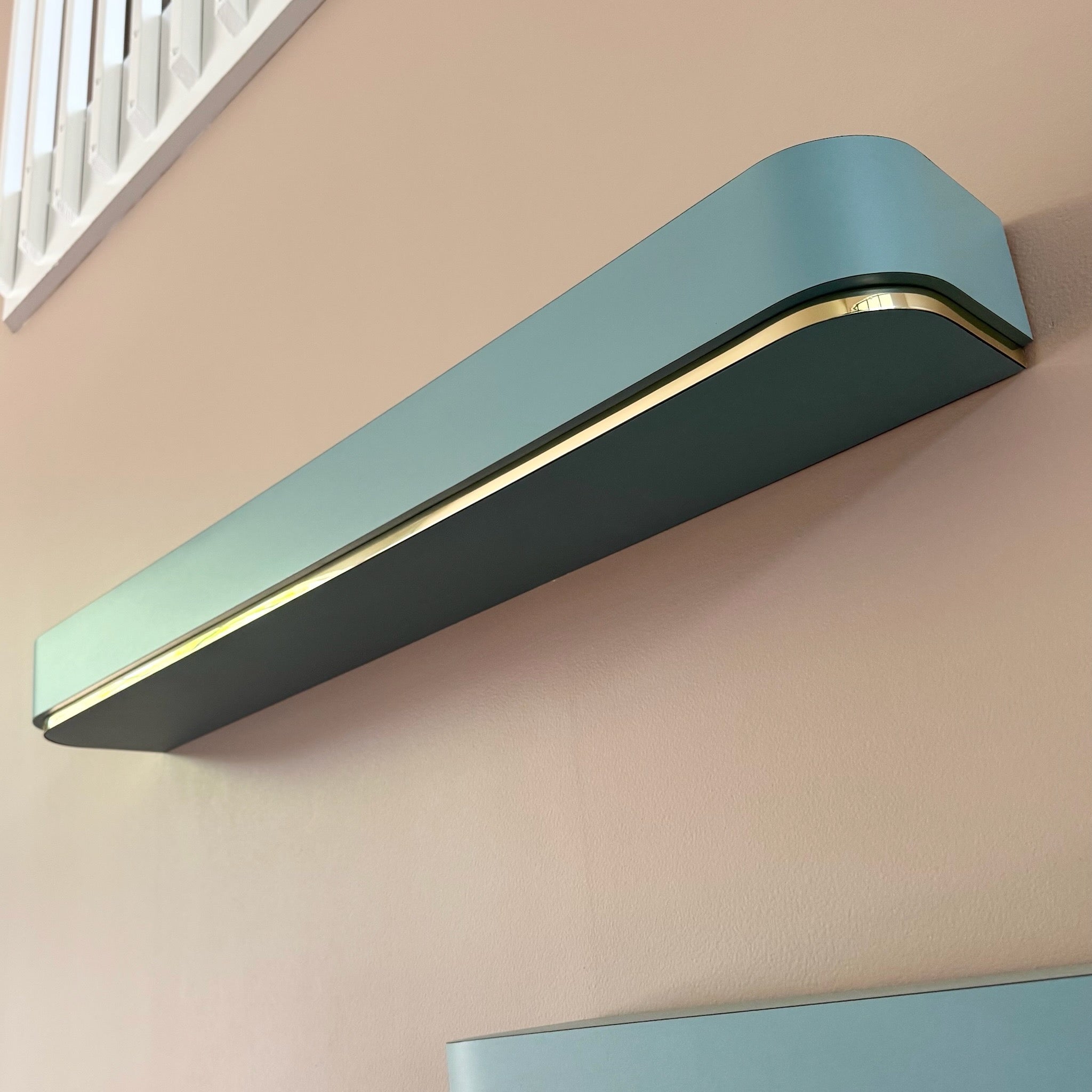 Postmodern Baby Blue Laminate Floating Sconce Shelves With Gold Accents - A Pair Dolphin & Flamingo