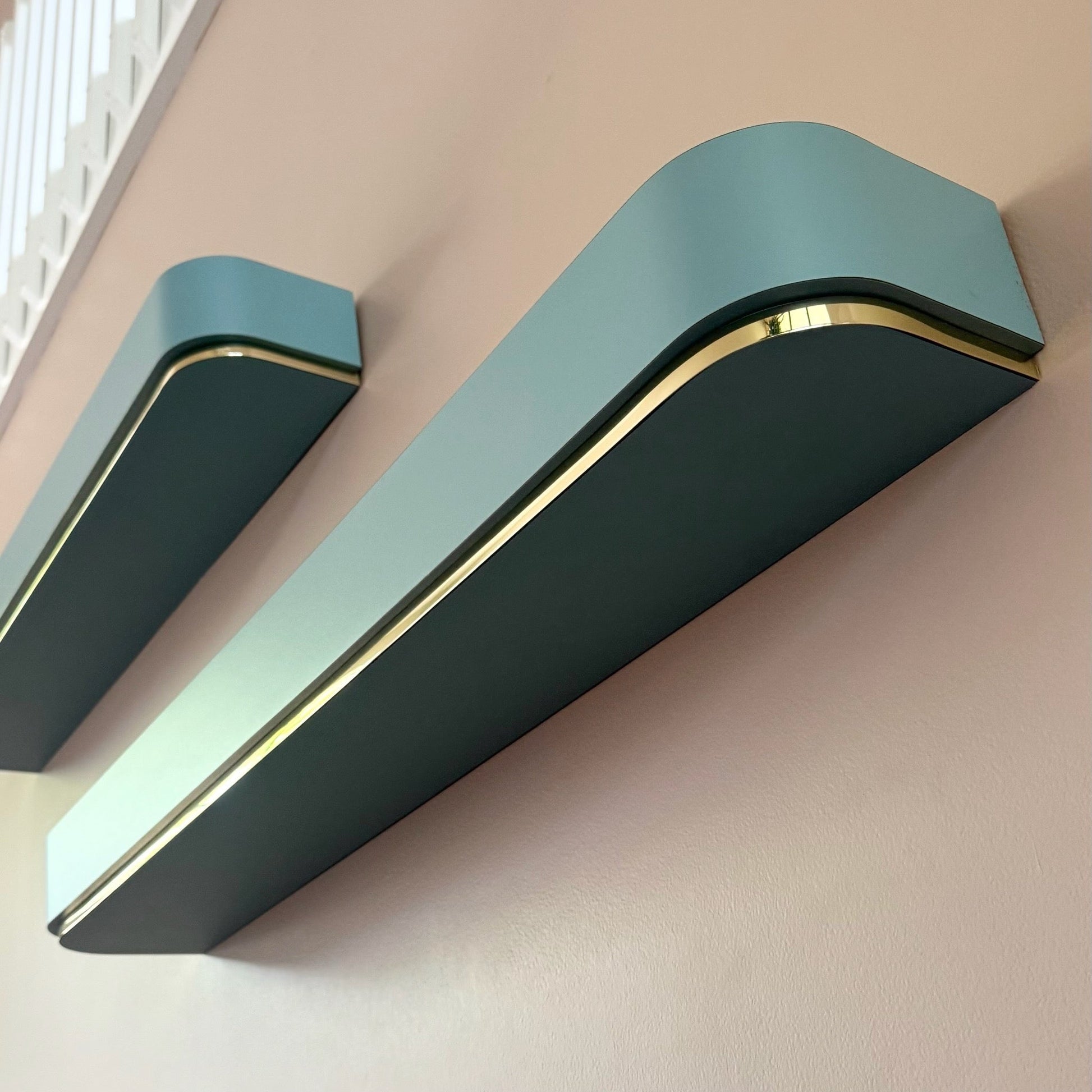 Postmodern Baby Blue Laminate Floating Sconce Shelves With Gold Accents - A Pair Dolphin & Flamingo
