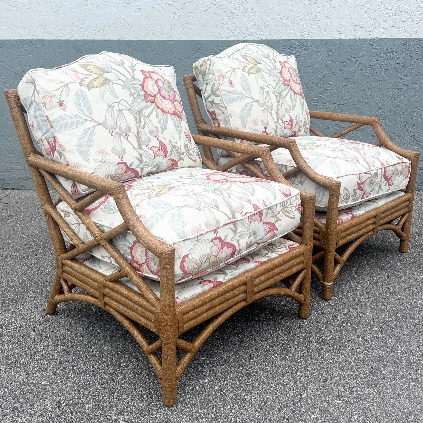 Boho Chic Rattan Chippendale Style Lounge Chairs by David Francis - A Pair Dolphin & Flamingo
