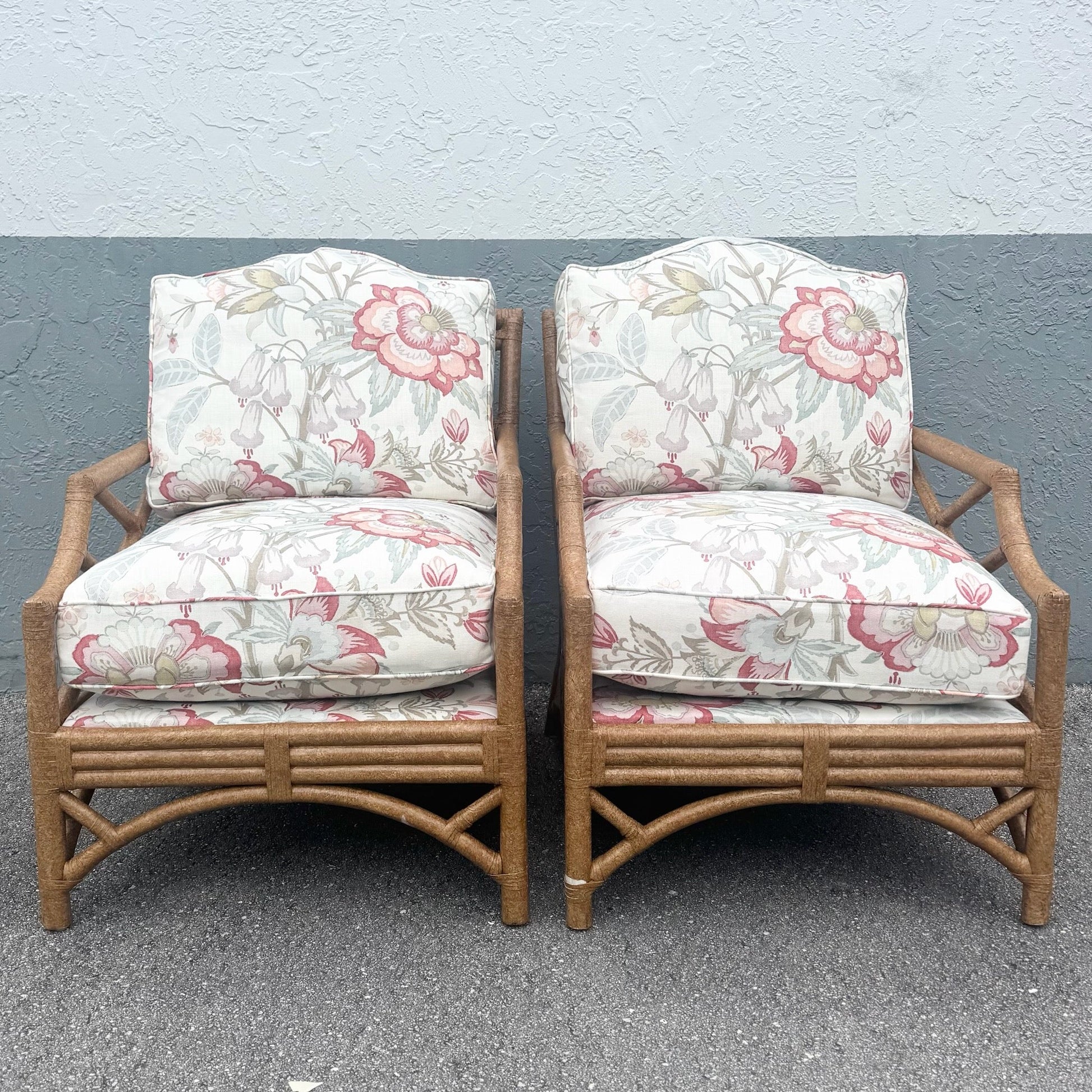 Boho Chic Rattan Chippendale Style Lounge Chairs by David Francis - A Pair Dolphin & Flamingo
