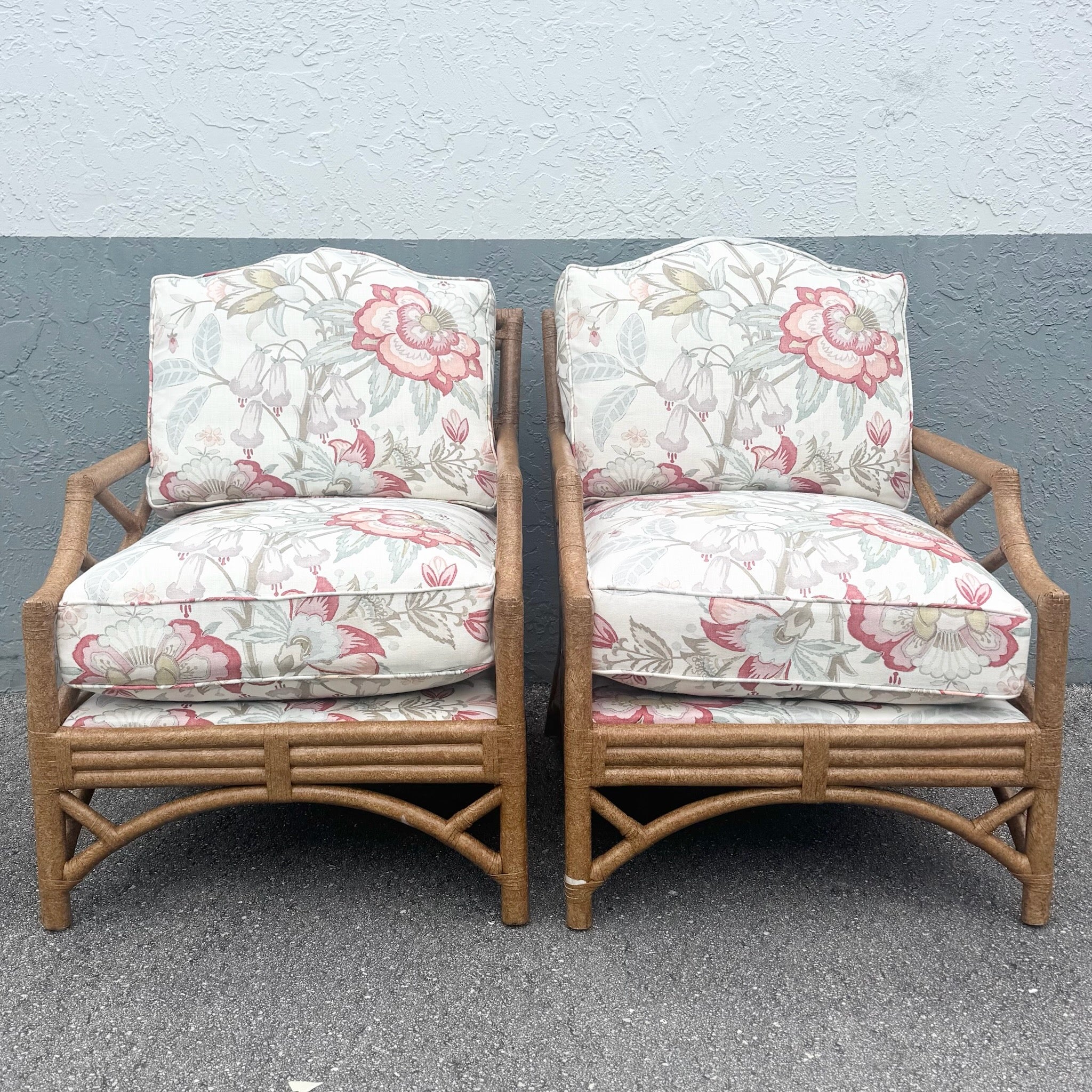 Boho Chic Rattan Chippendale Style Lounge Chairs by David Francis - A Pair Dolphin & Flamingo
