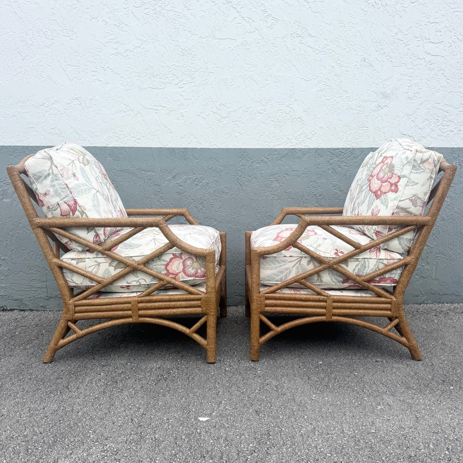 Boho Chic Rattan Chippendale Style Lounge Chairs by David Francis - A Pair Dolphin & Flamingo
