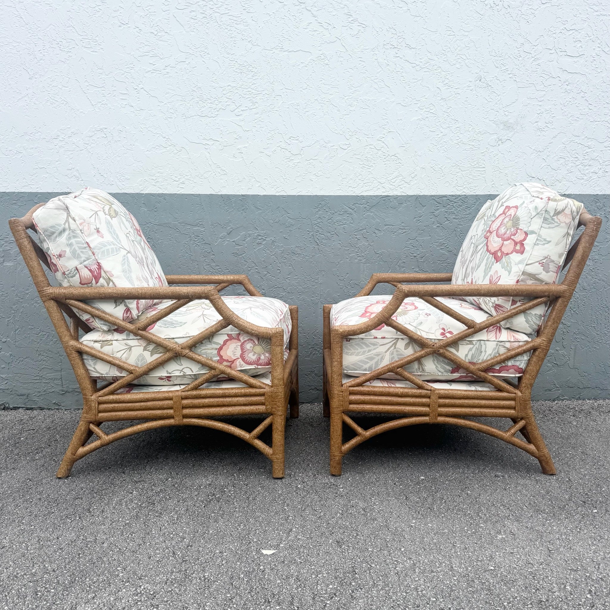 Boho Chic Rattan Chippendale Style Lounge Chairs by David Francis - A Pair Dolphin & Flamingo