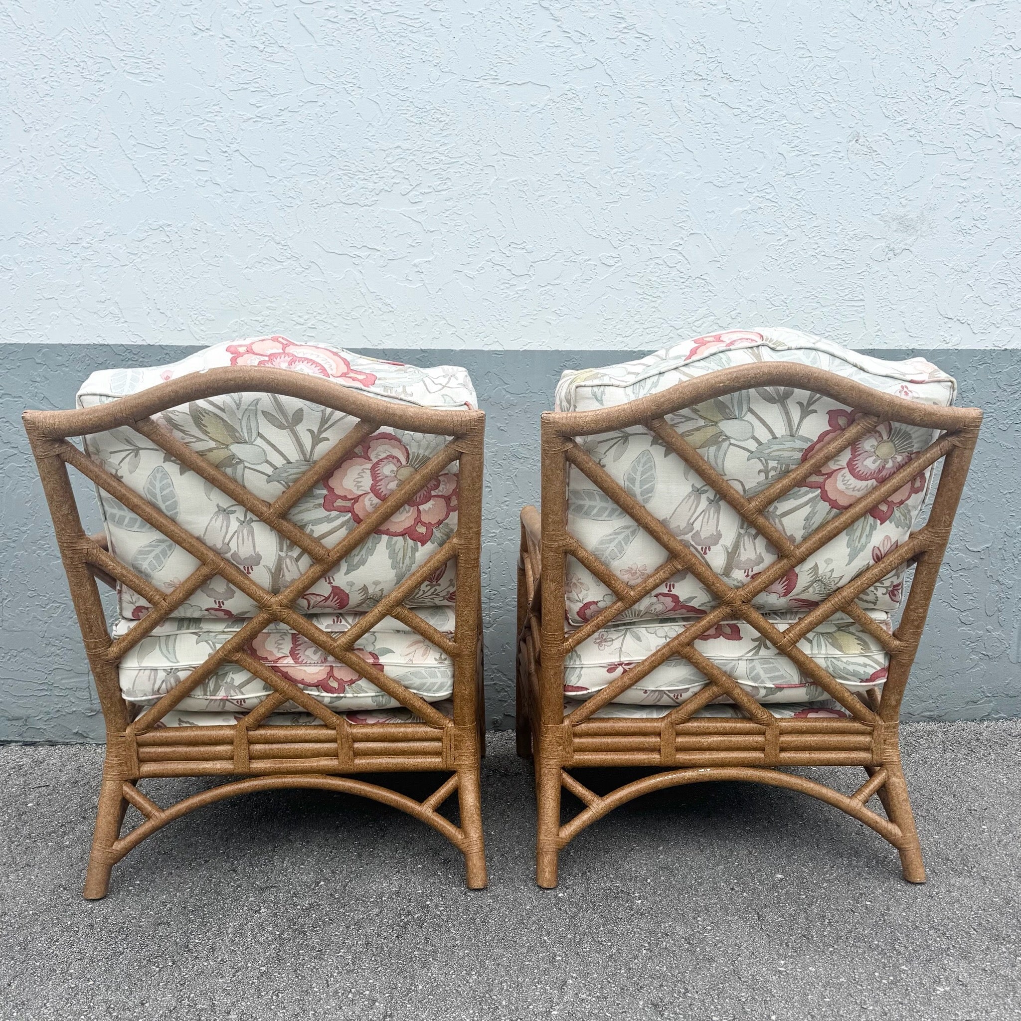 Boho Chic Rattan Chippendale Style Lounge Chairs by David Francis - A Pair Dolphin & Flamingo