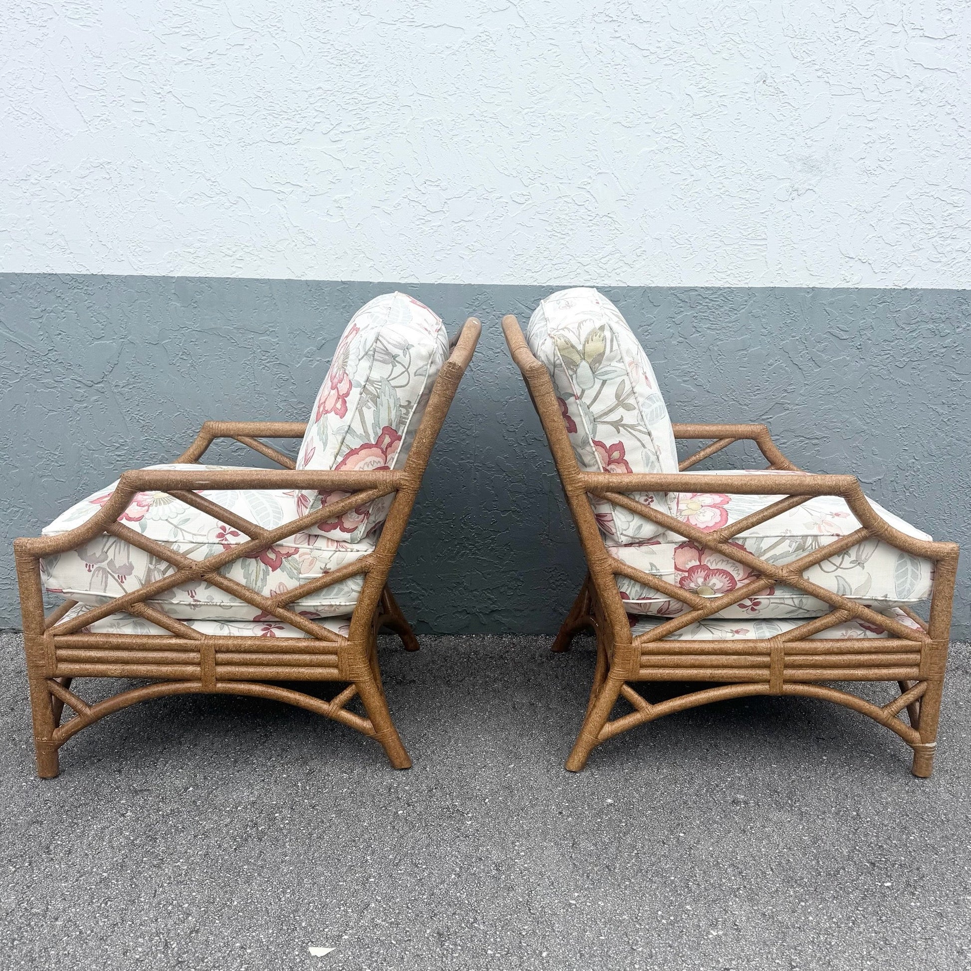 Boho Chic Rattan Chippendale Style Lounge Chairs by David Francis - A Pair Dolphin & Flamingo