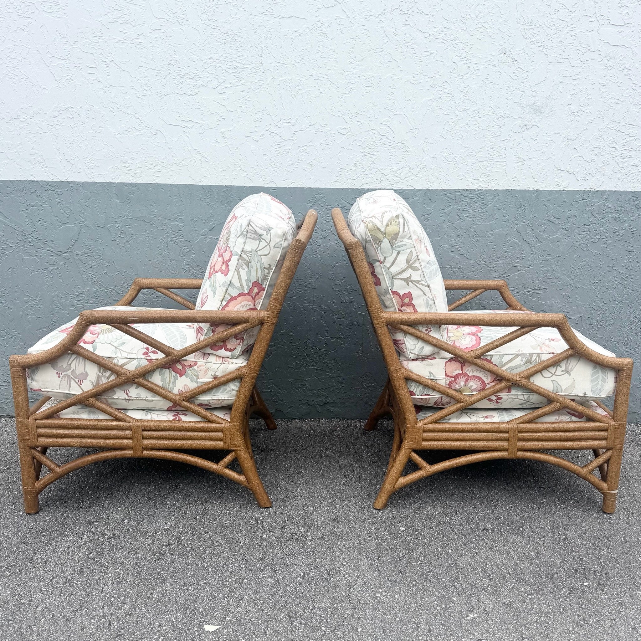 Boho Chic Rattan Chippendale Style Lounge Chairs by David Francis - A Pair Dolphin & Flamingo