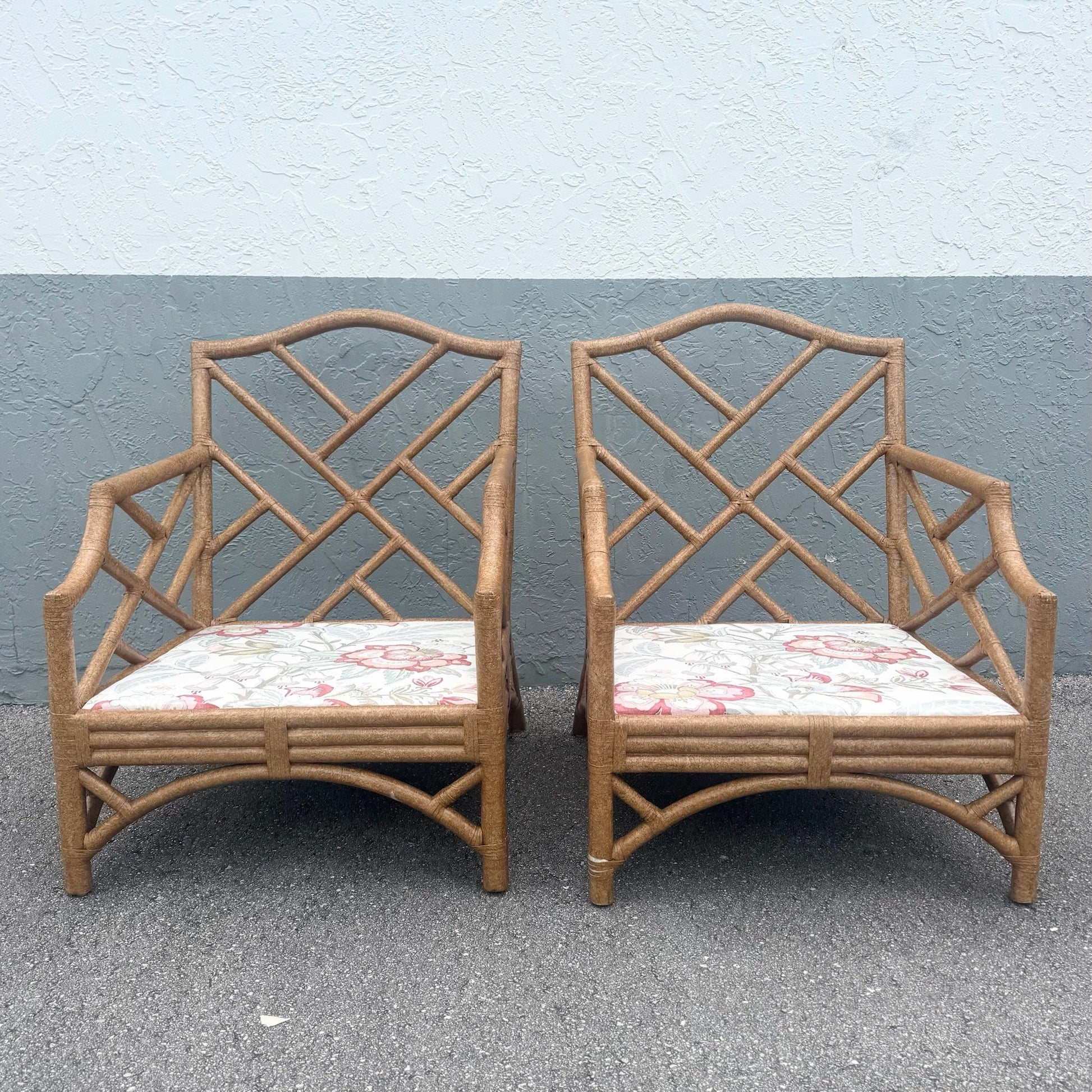 Boho Chic Rattan Chippendale Style Lounge Chairs by David Francis - A Pair Dolphin & Flamingo
