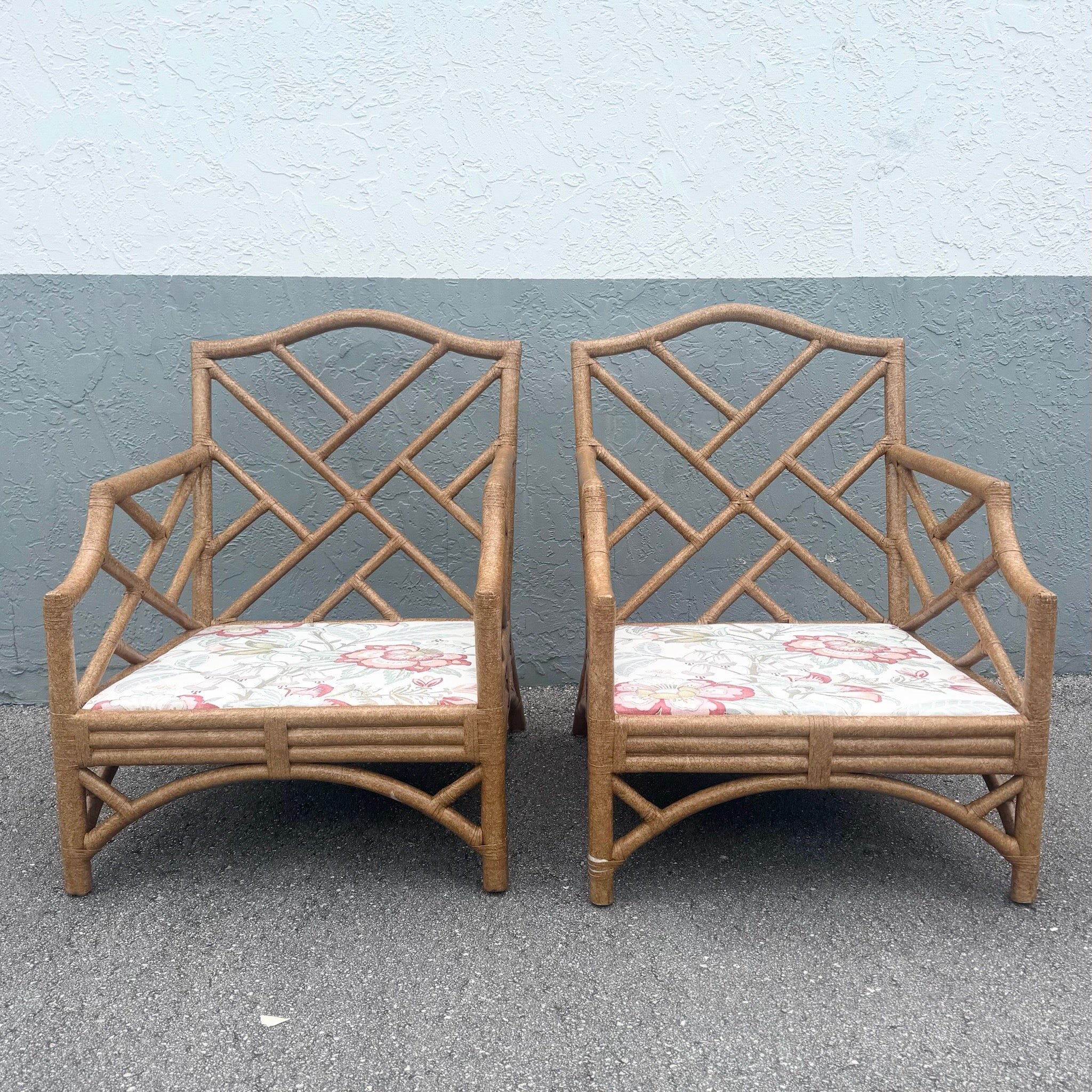 Boho Chic Rattan Chippendale Style Lounge Chairs by David Francis - A Pair Dolphin & Flamingo