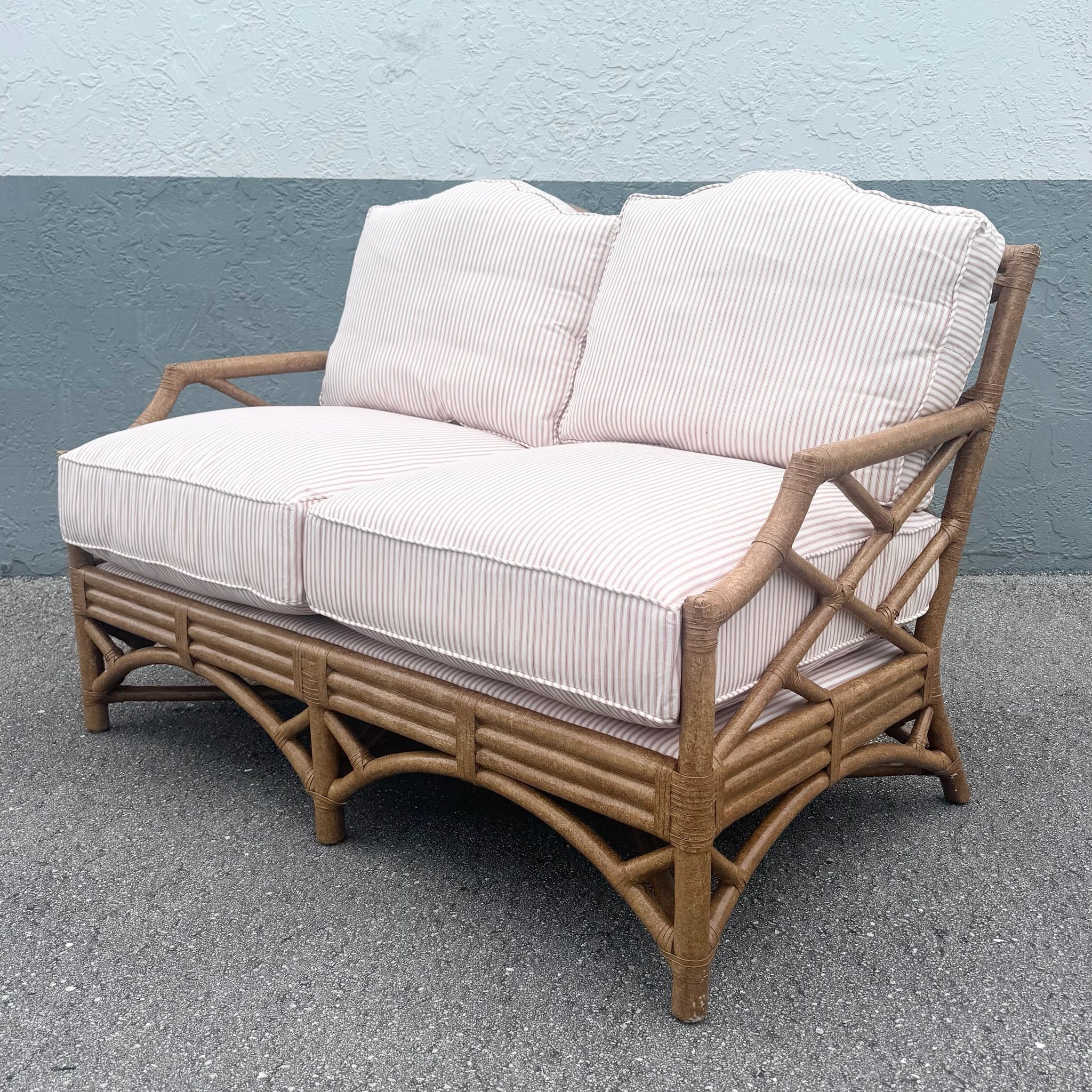 Boho Chic Rattan Chippendale Style Love Seat by David Francis Dolphin & Flamingo