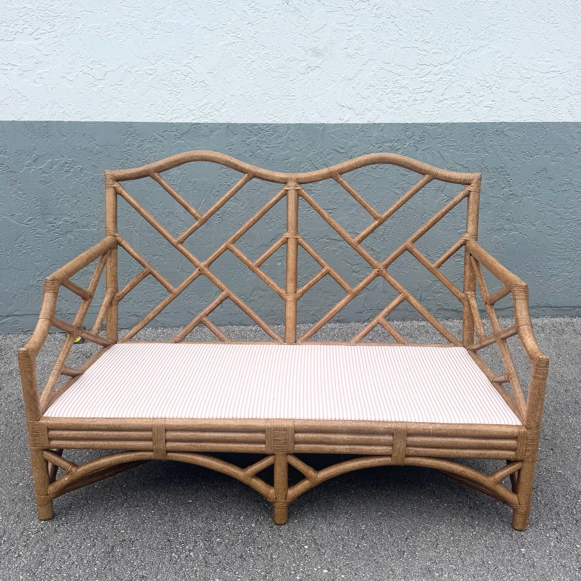 Boho Chic Rattan Chippendale Style Love Seat by David Francis Dolphin & Flamingo
