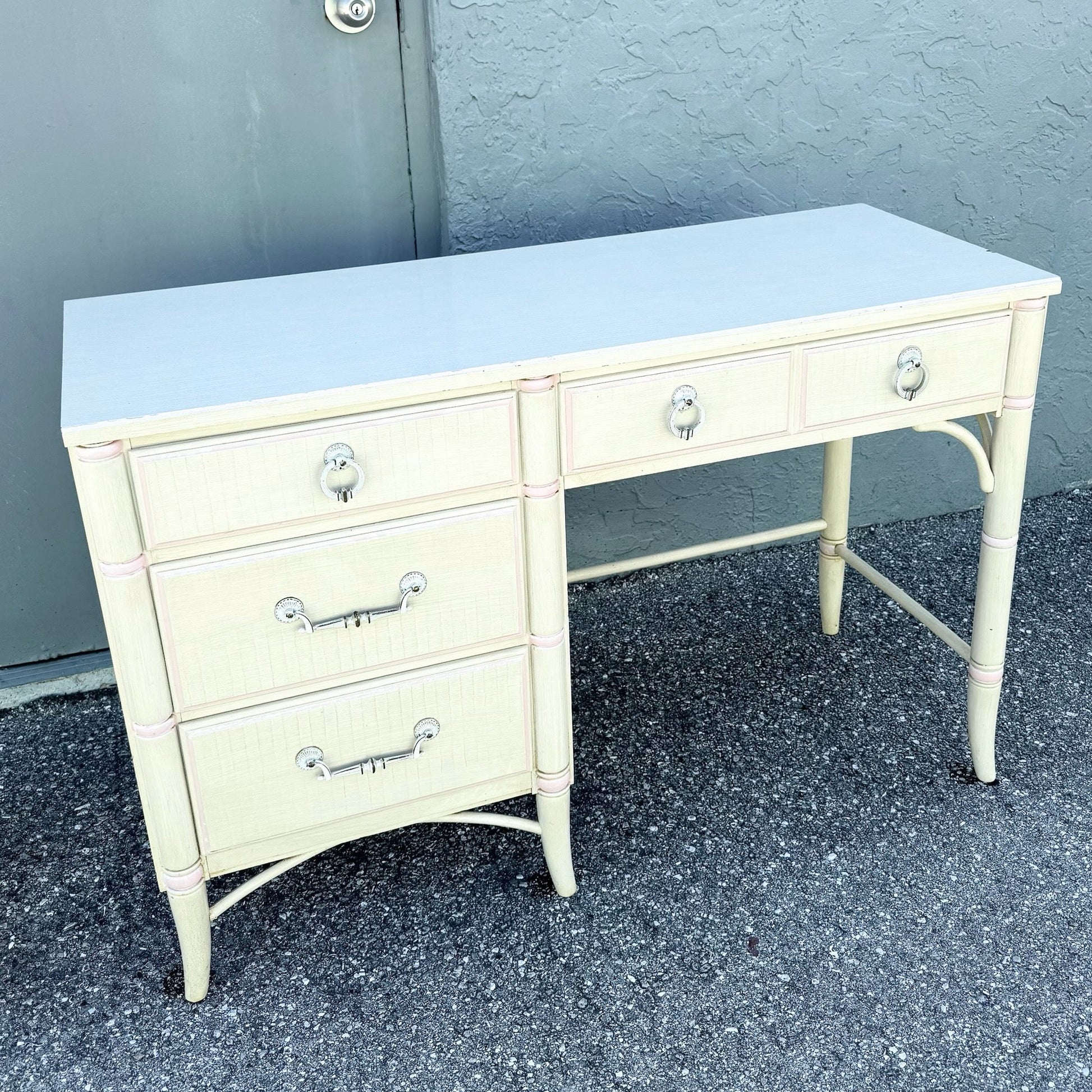 Vintage Coastal Faux Bamboo Cream and Pink Desk by Thomasville Dolphin & Flamingo